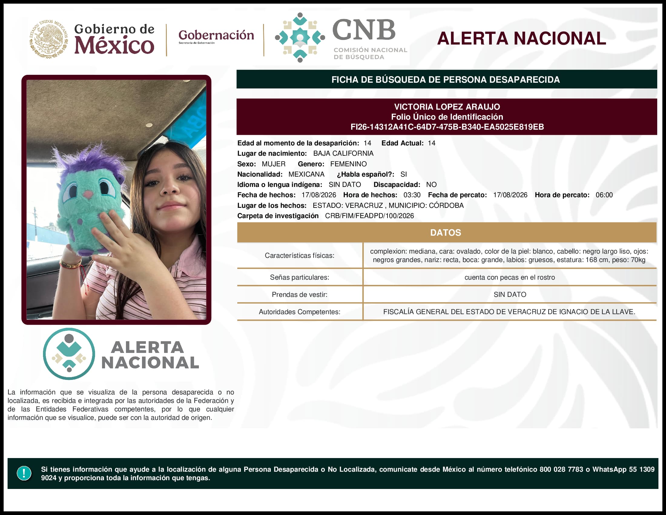 Persona desaparecida Victoria Lopez Araujo