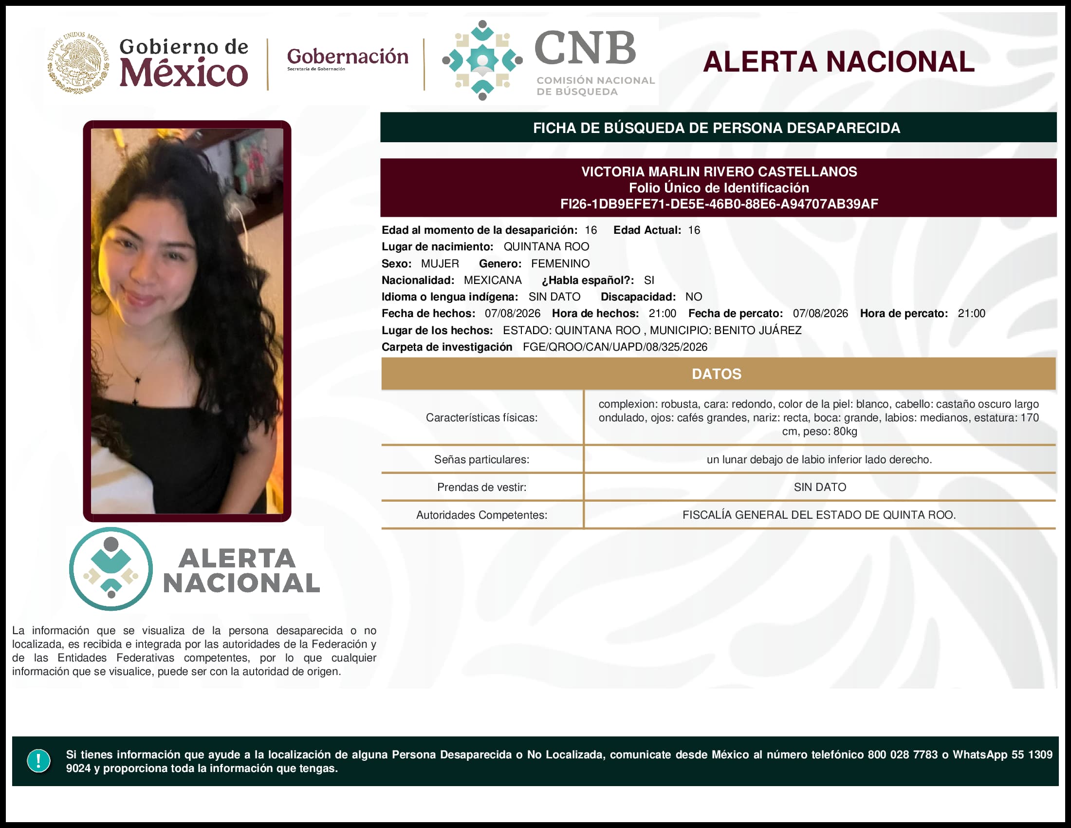 Persona desaparecida Victoria Marlin Rivero Castellanos