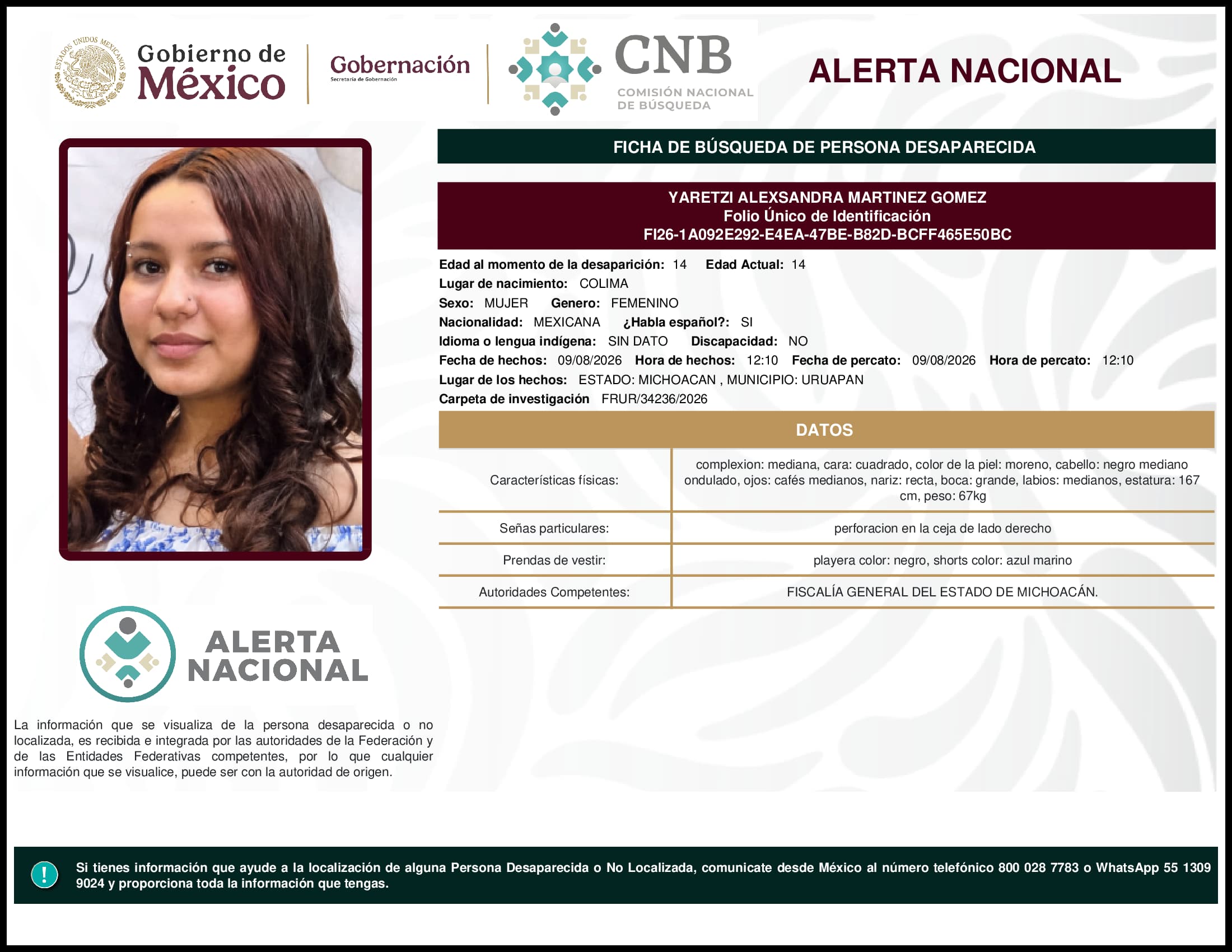 Persona desaparecida Yaretzi Alexsandra Martinez Gomez