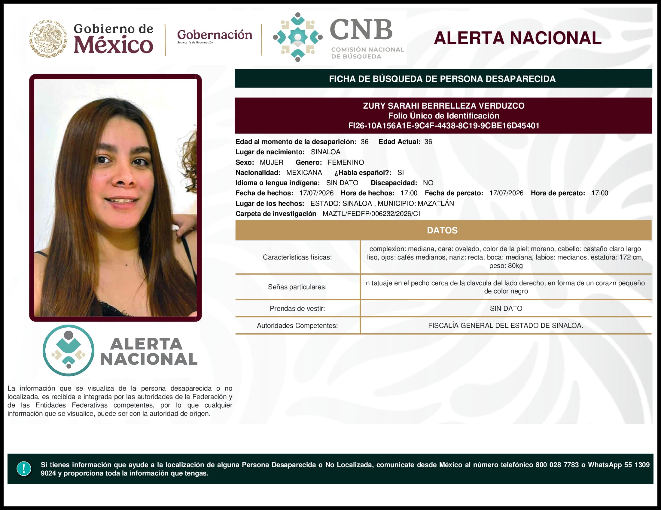 Persona desaparecida Zury Sarahi Berrelleza Verduzco