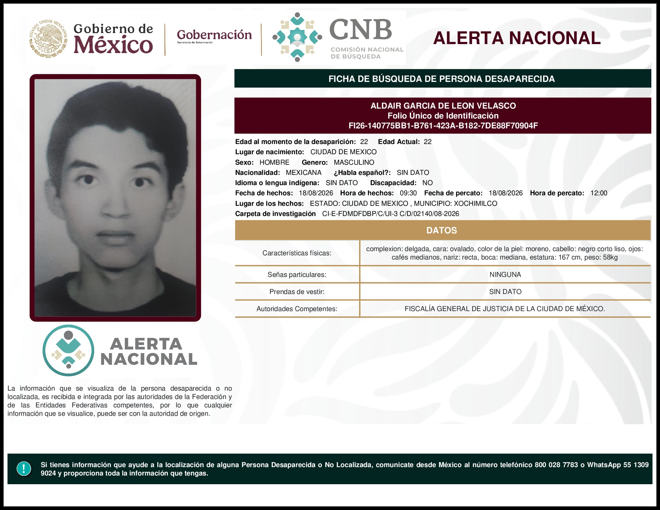 Persona desaparecida Aldair  Garcia  De  Leon  Velasco