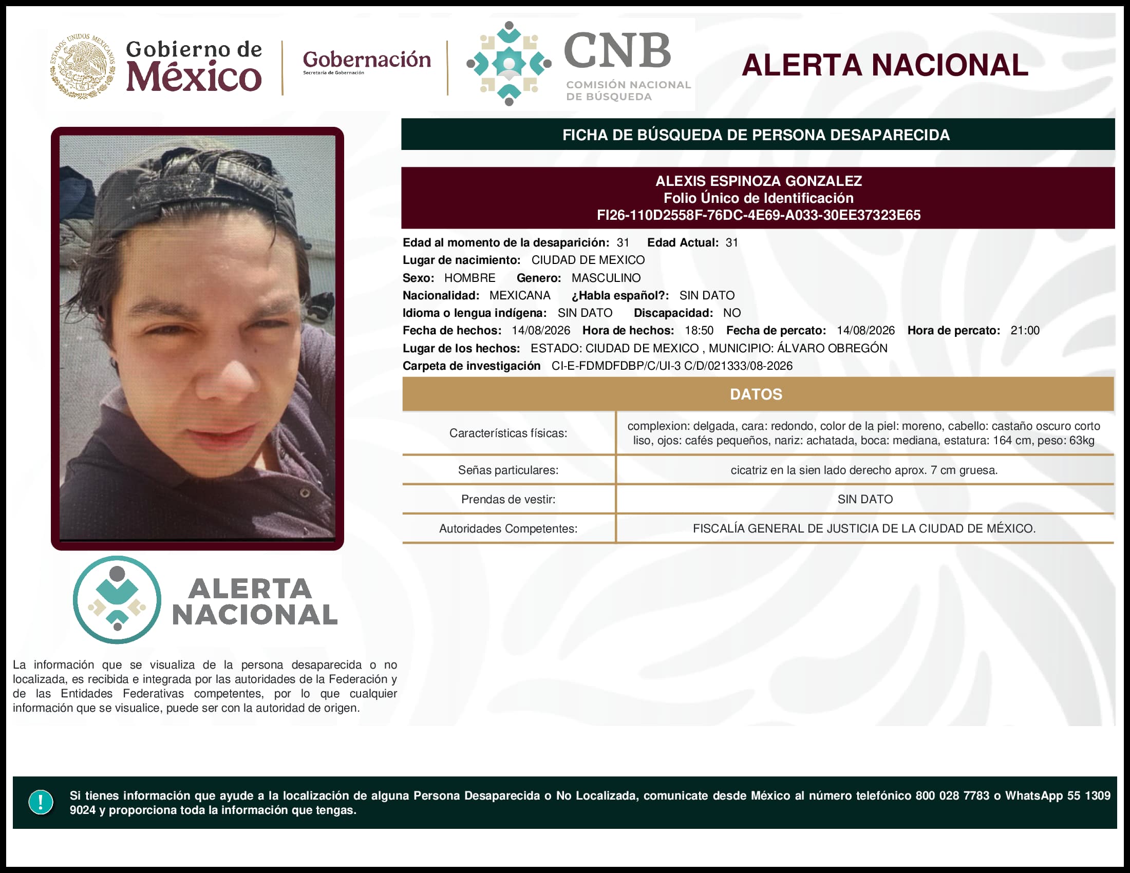 Persona desaparecida Alexis  Espinoza  Gonzalez