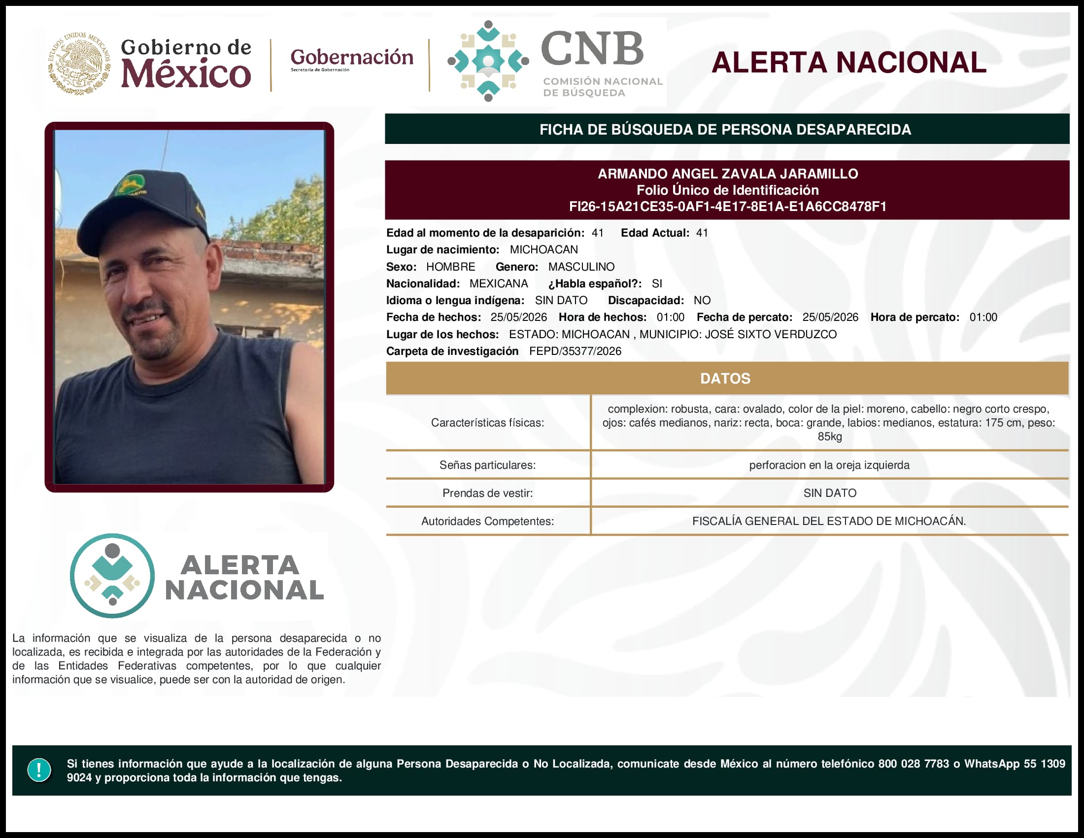 Persona desaparecida Armando  Angel  Zavala  Jaramillo