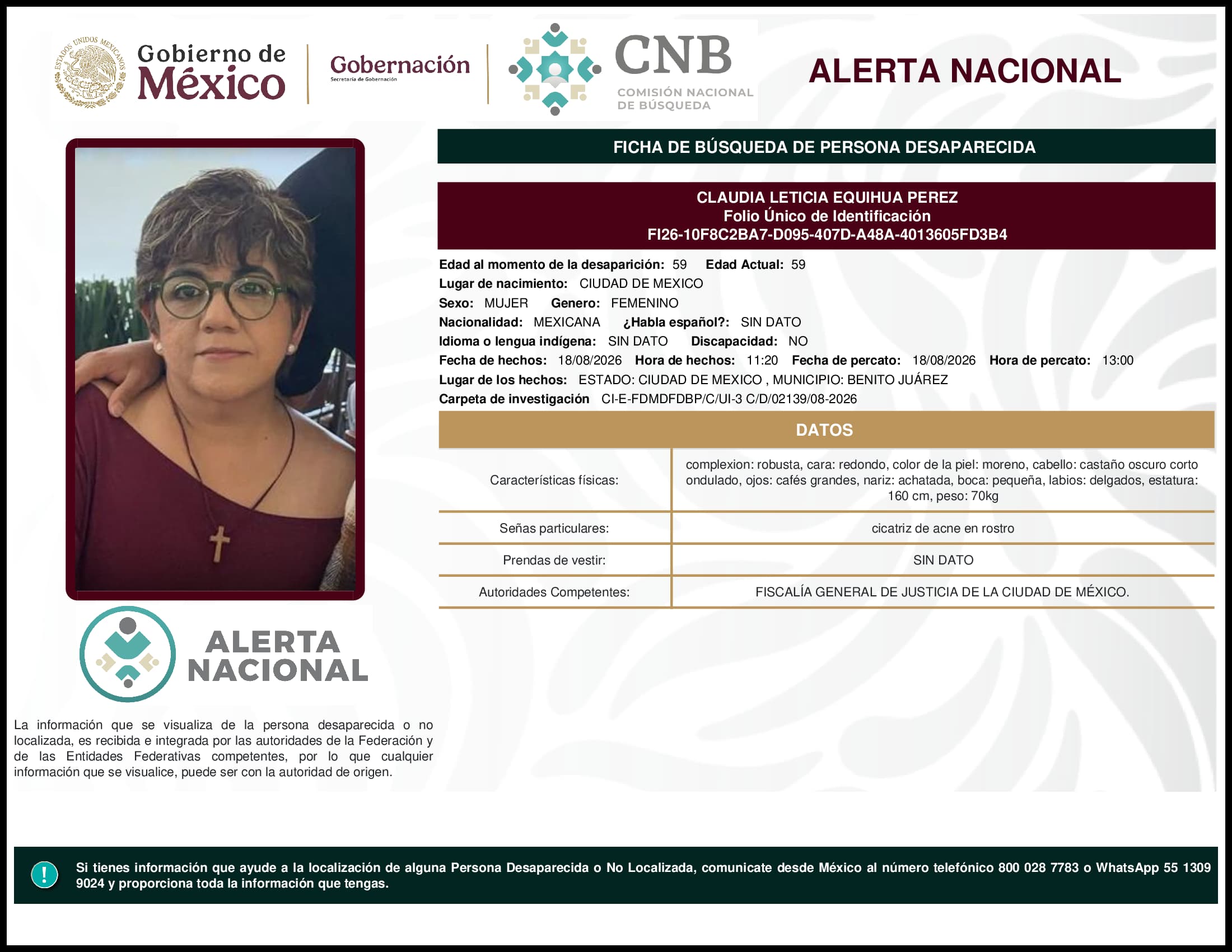Persona desaparecida Claudia  Leticia  Equihua  Perez