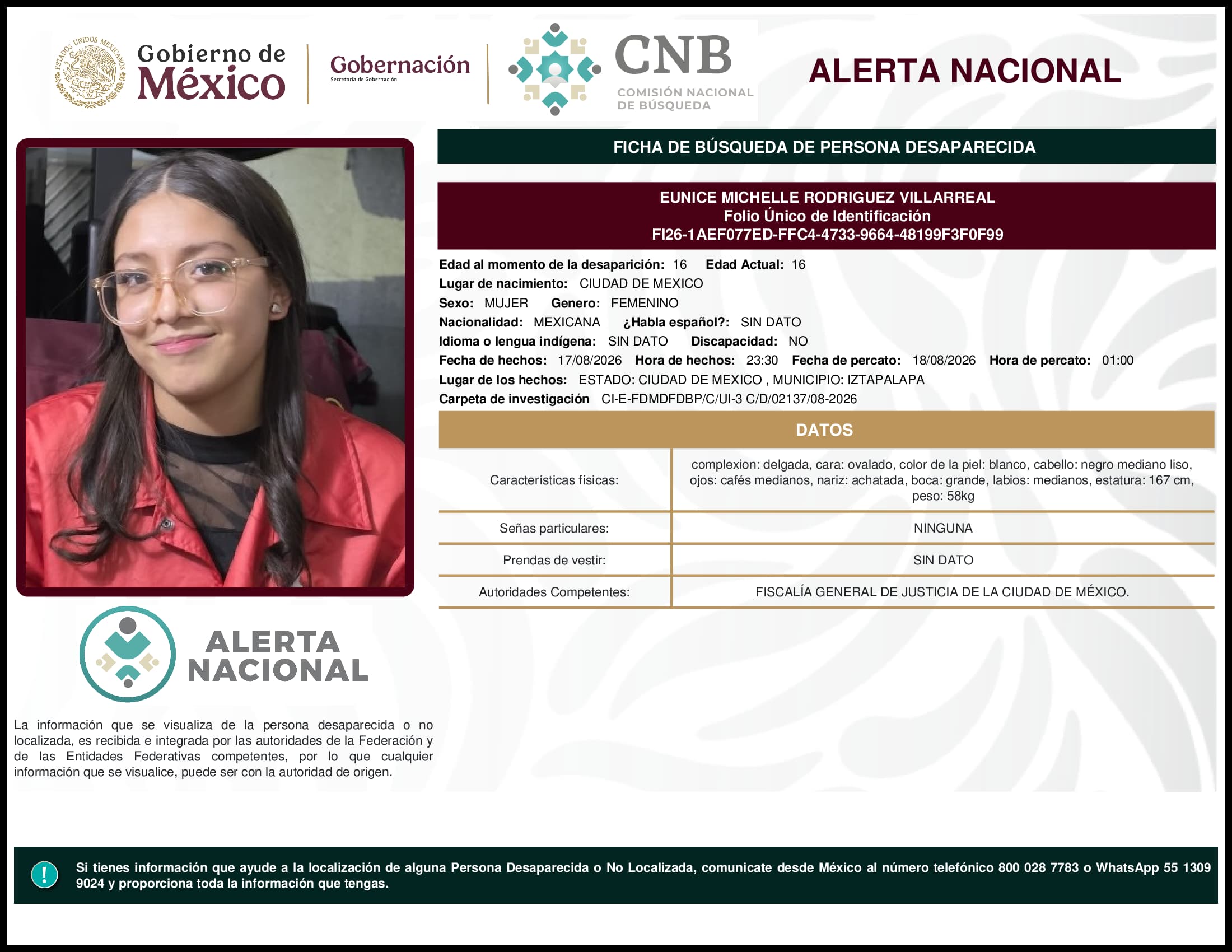 Persona desaparecida Eunice  Michelle  Rodriguez  Villarreal