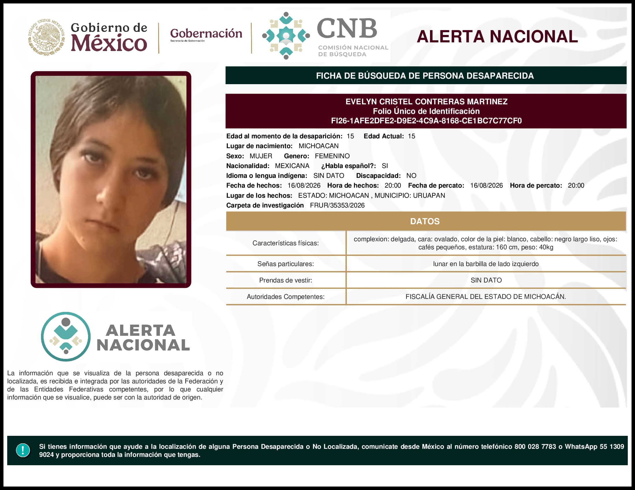 Persona desaparecida Evelyn  Cristel  Contreras  Martinez