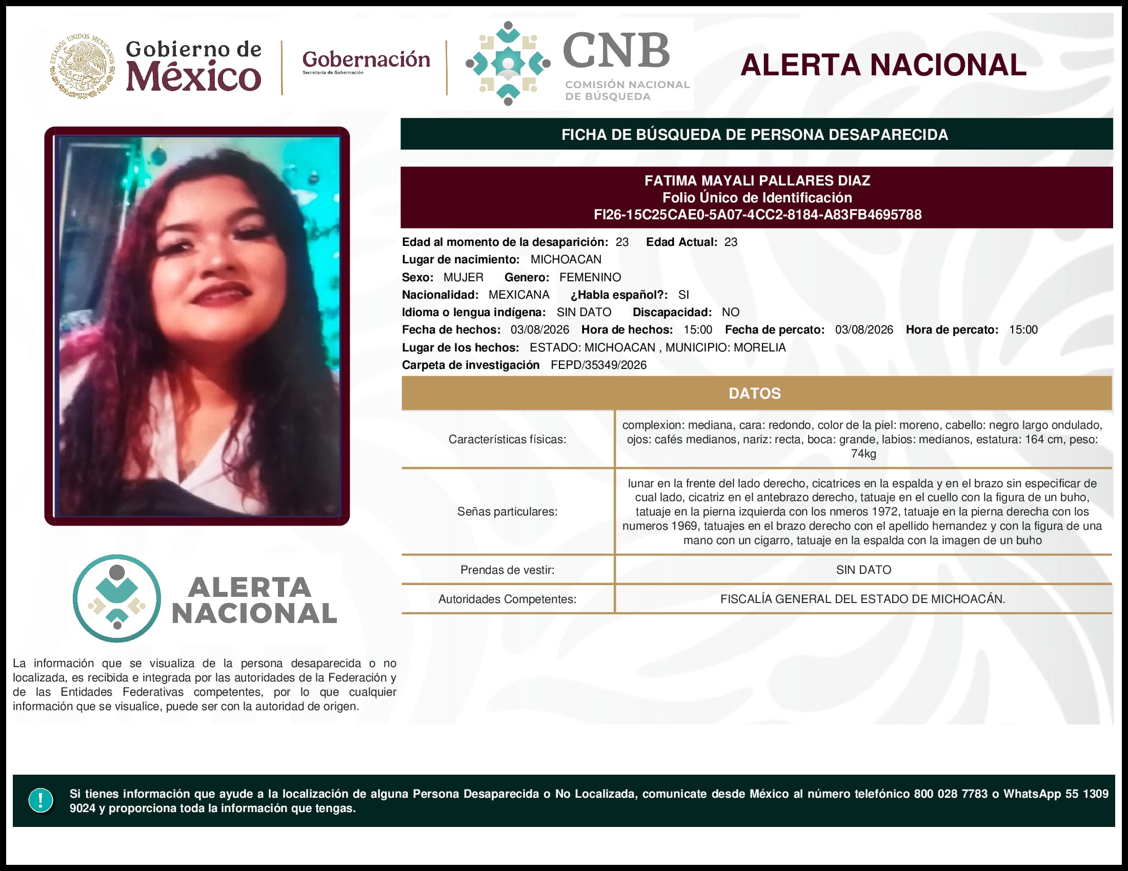 Persona desaparecida Fatima  Mayali  Pallares  Diaz