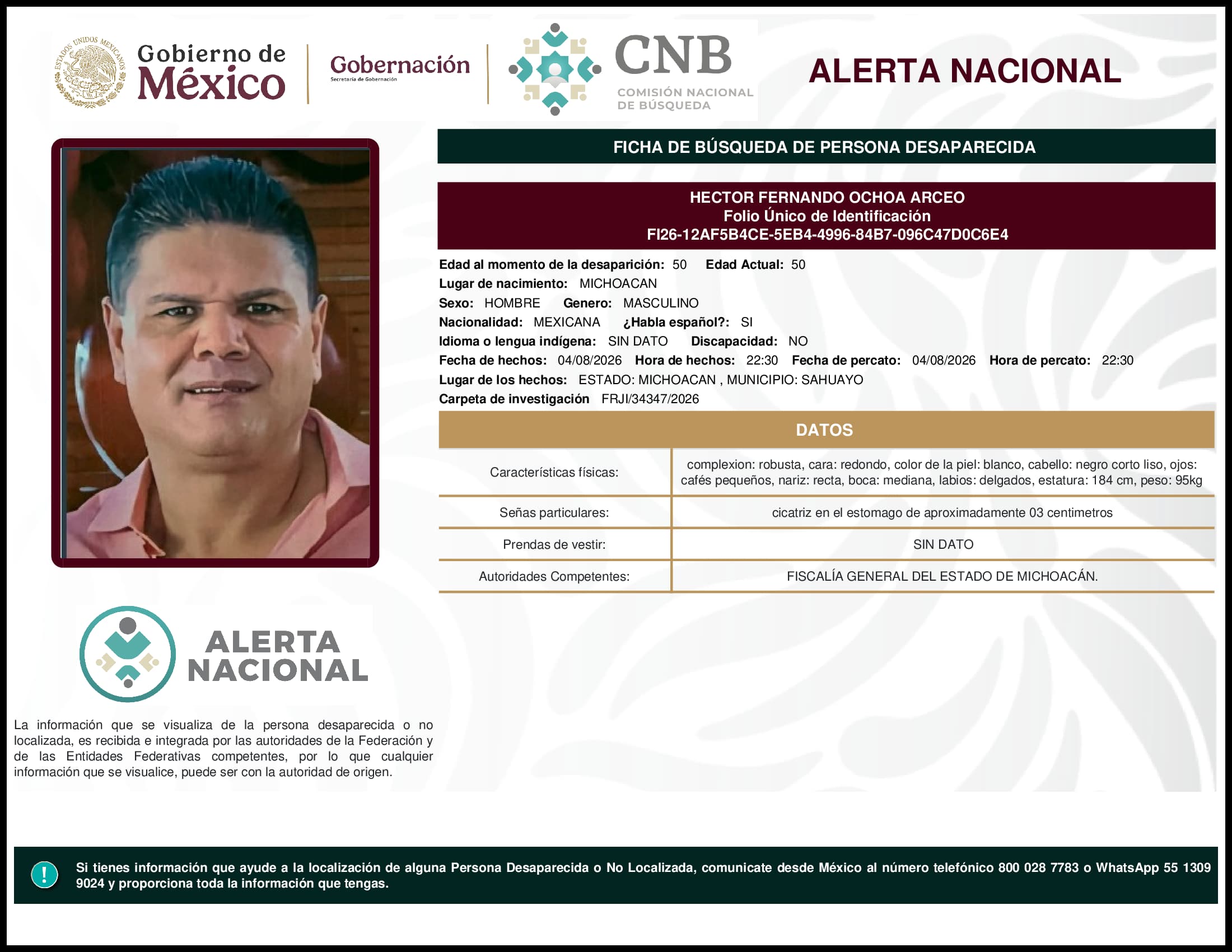 Persona desaparecida Hector  Fernando  Ochoa  Arceo