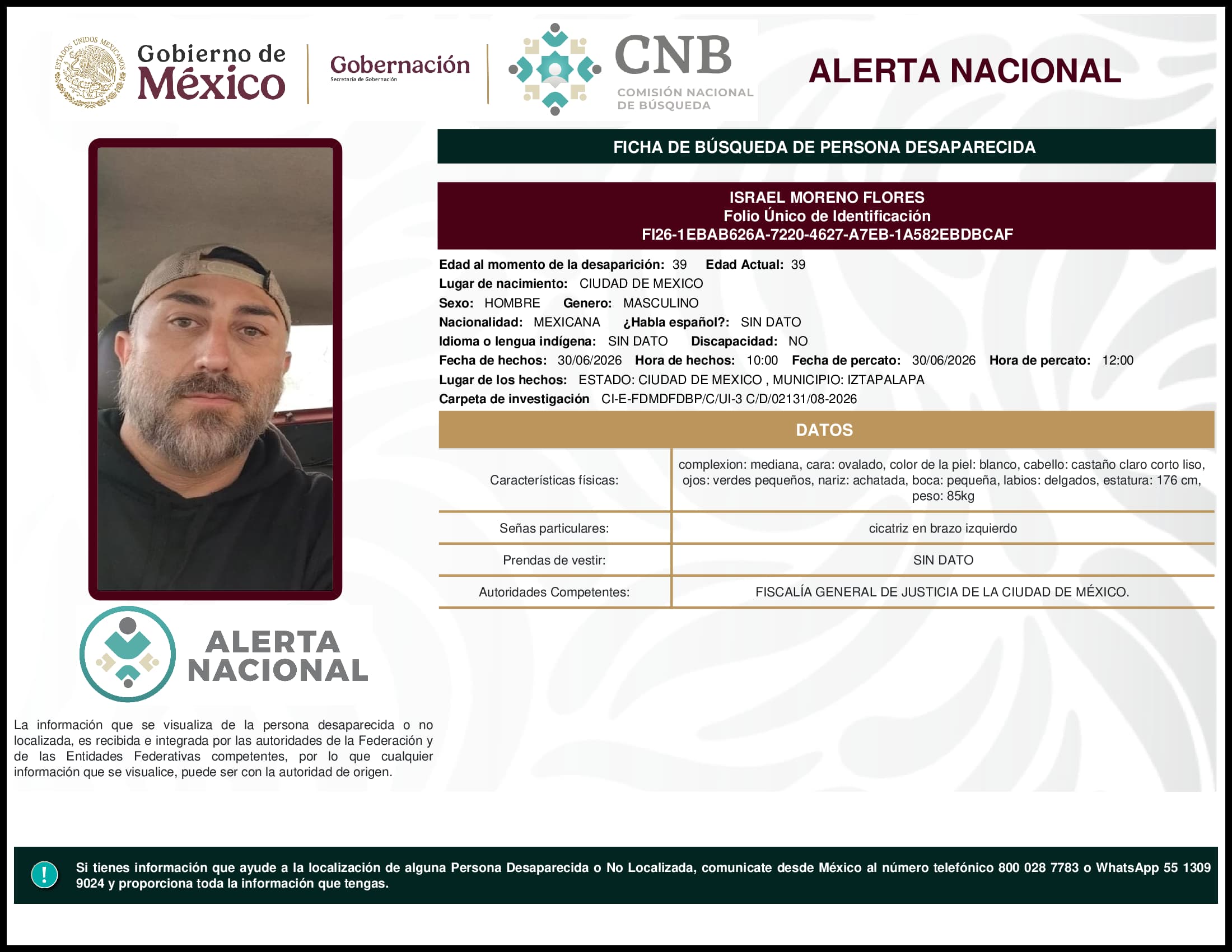Persona desaparecida Israel  Moreno  Flores
