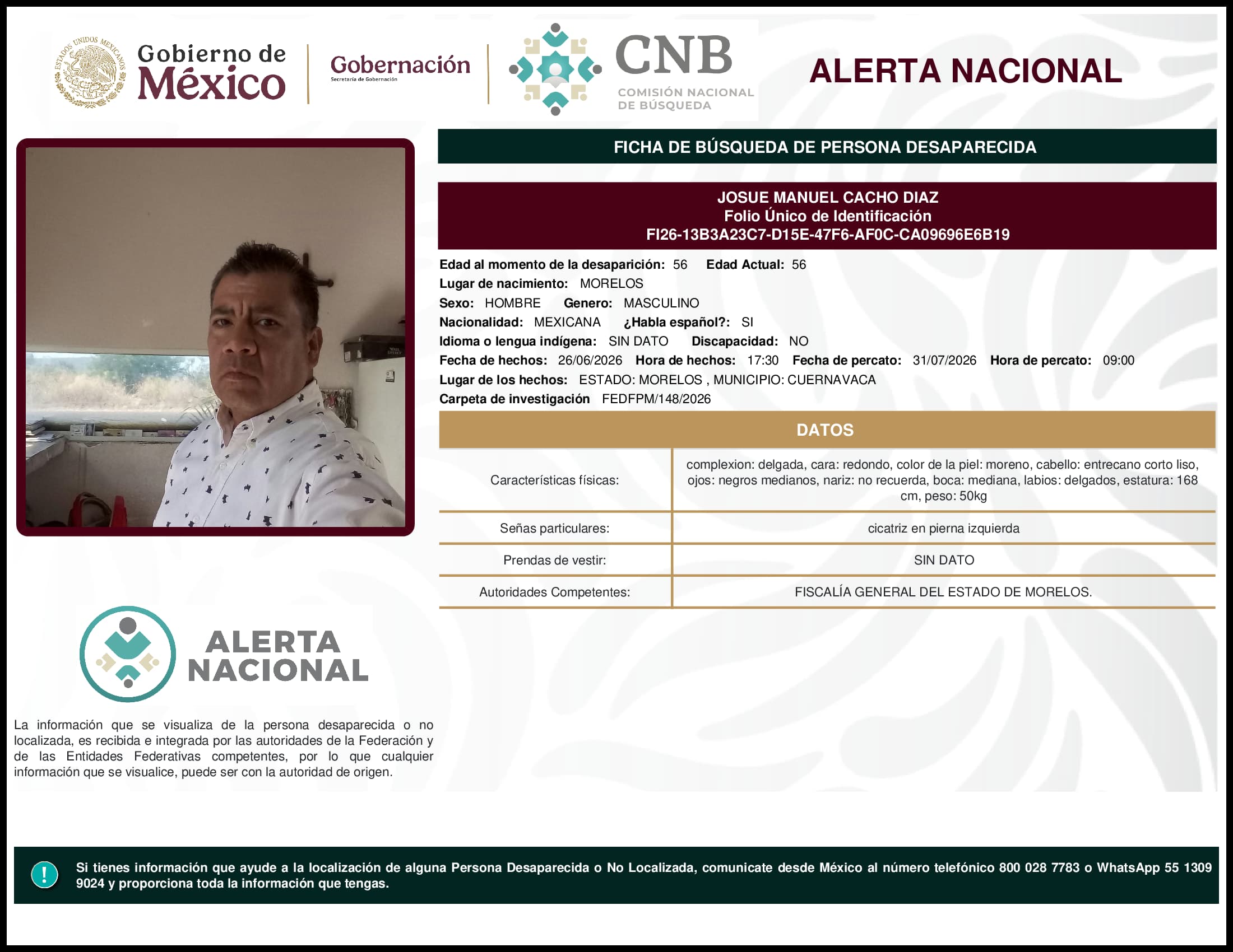 Persona desaparecida Josue  Manuel  Cacho  Diaz