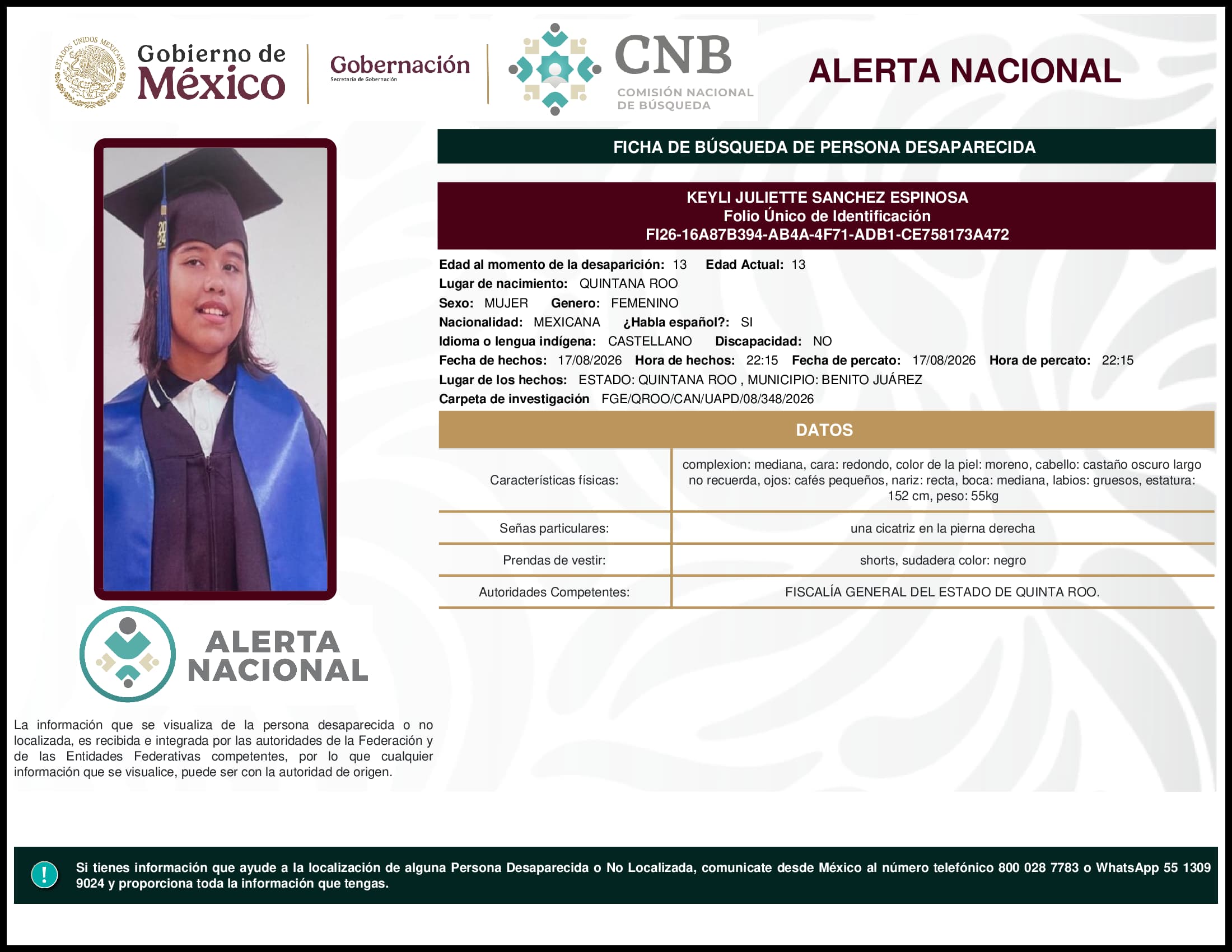 Persona desaparecida Keyli  Juliette  Sanchez  Espinosa