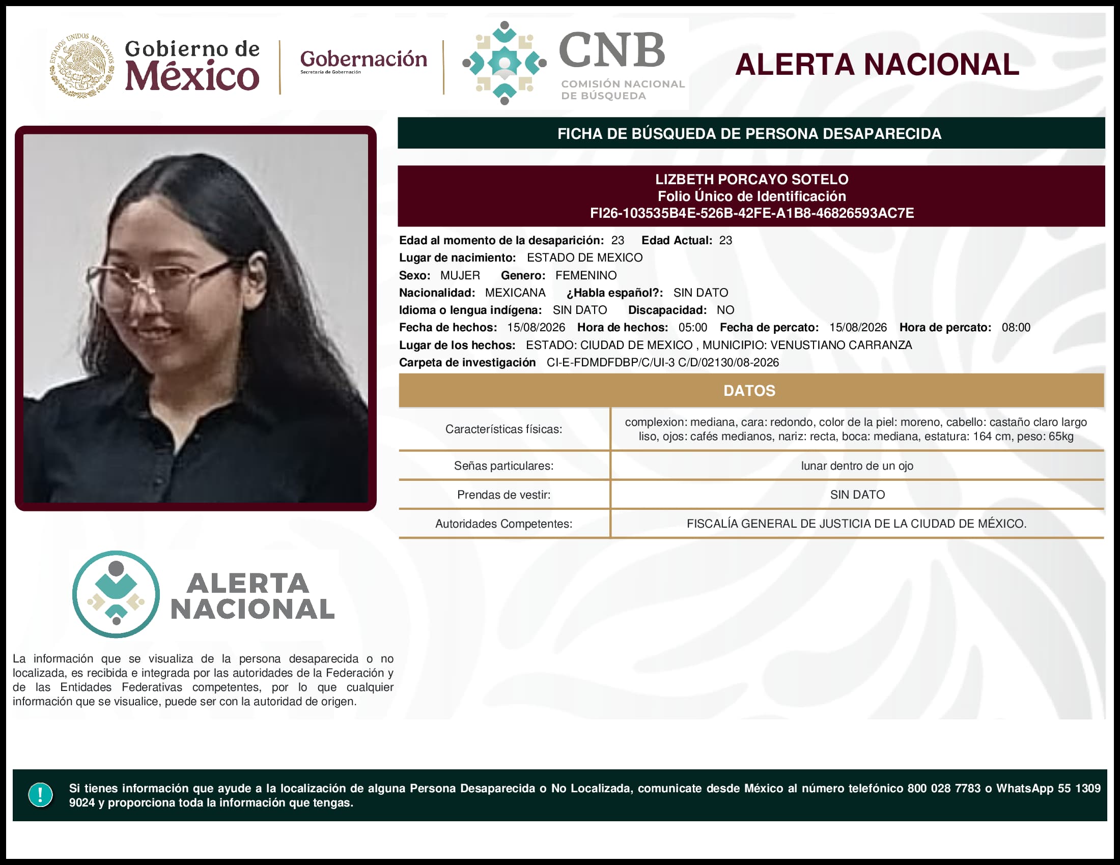 Persona desaparecida Lizbeth  Porcayo  Sotelo