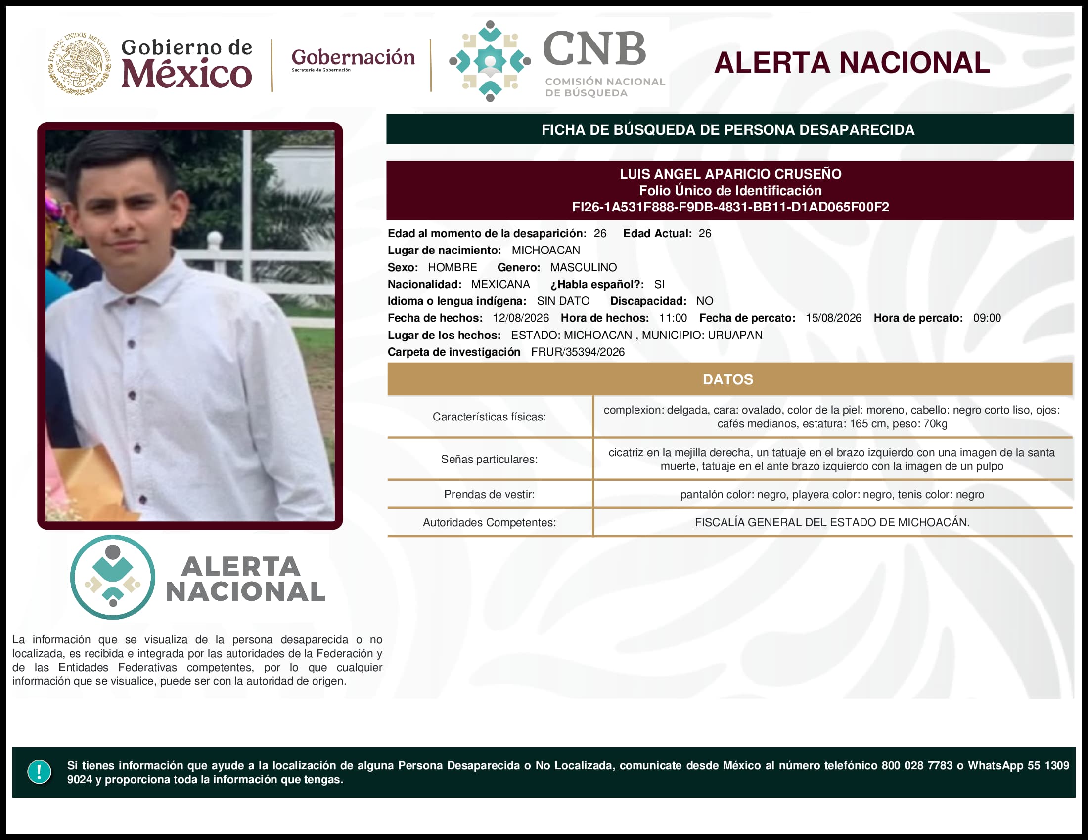 Persona desaparecida Luis  Angel  Aparicio  Cruseno