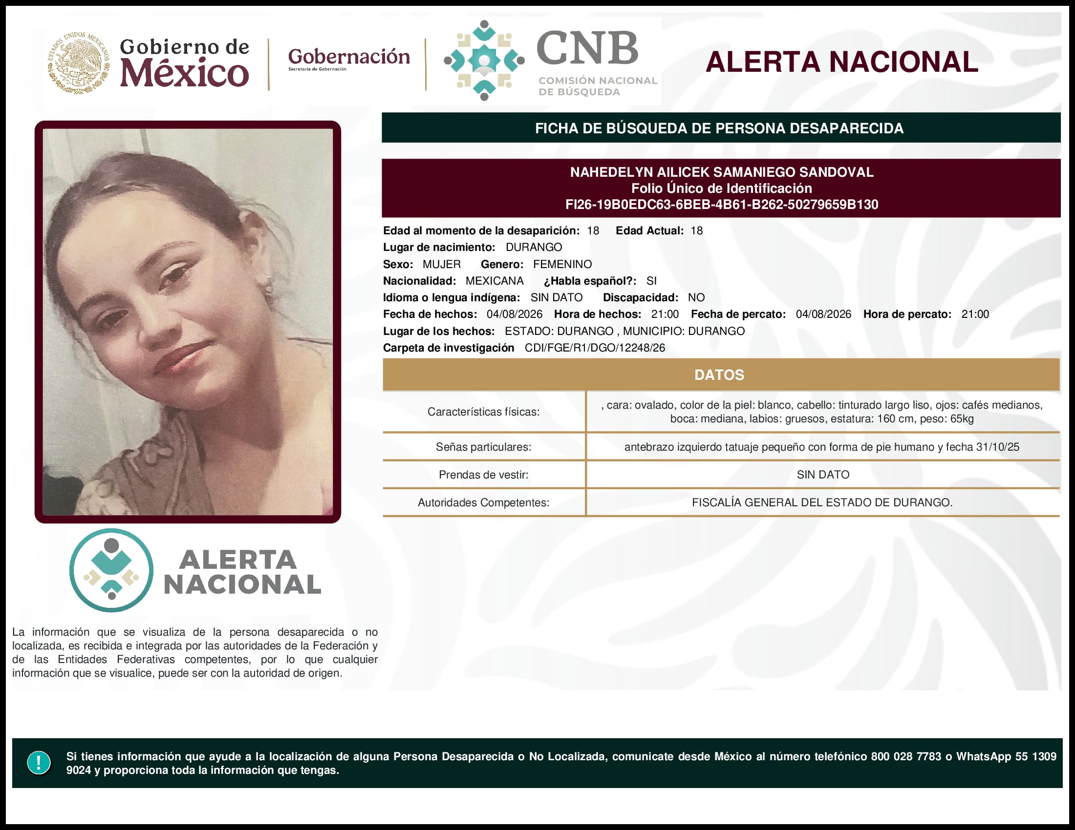 Persona desaparecida Nahedelyn  Ailicek  Samaniego  Sandoval