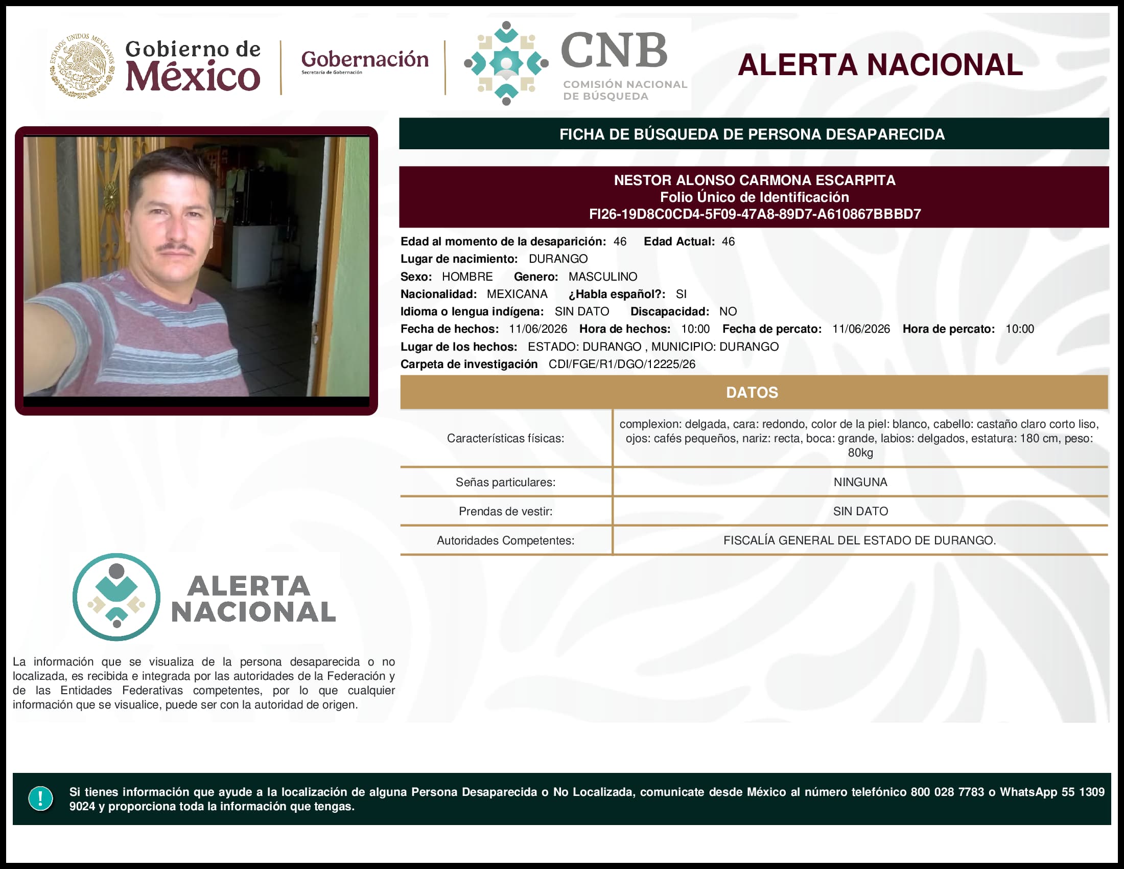 Persona desaparecida Nestor  Alonso  Carmona  Escarpita