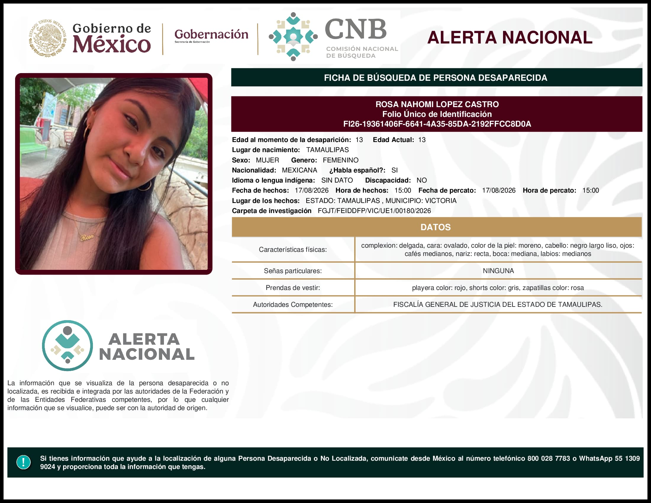 Persona desaparecida Rosa  Nahomi  Lopez  Castro