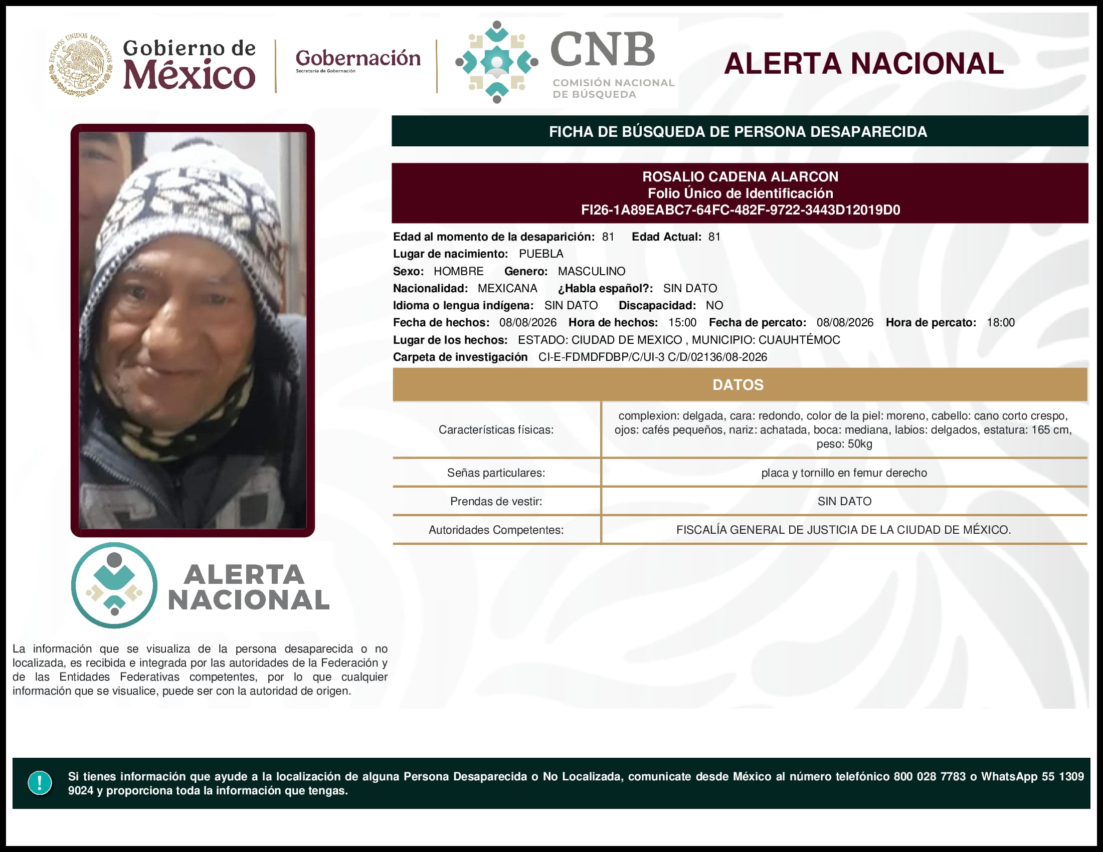 Persona desaparecida Rosalio  Cadena  Alarcon