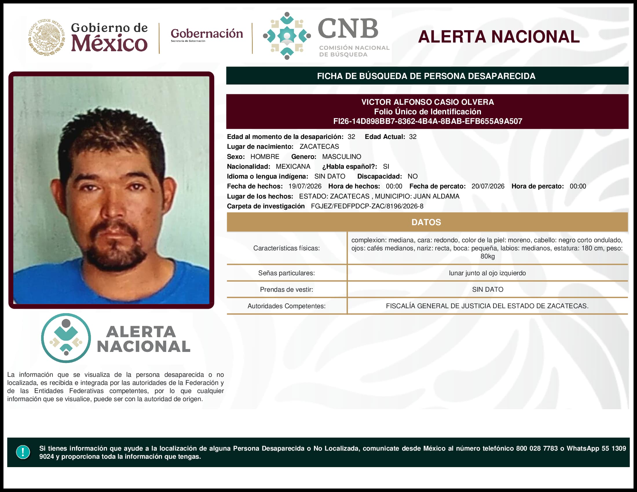 Persona desaparecida Victor  Alfonso  Casio  Olvera