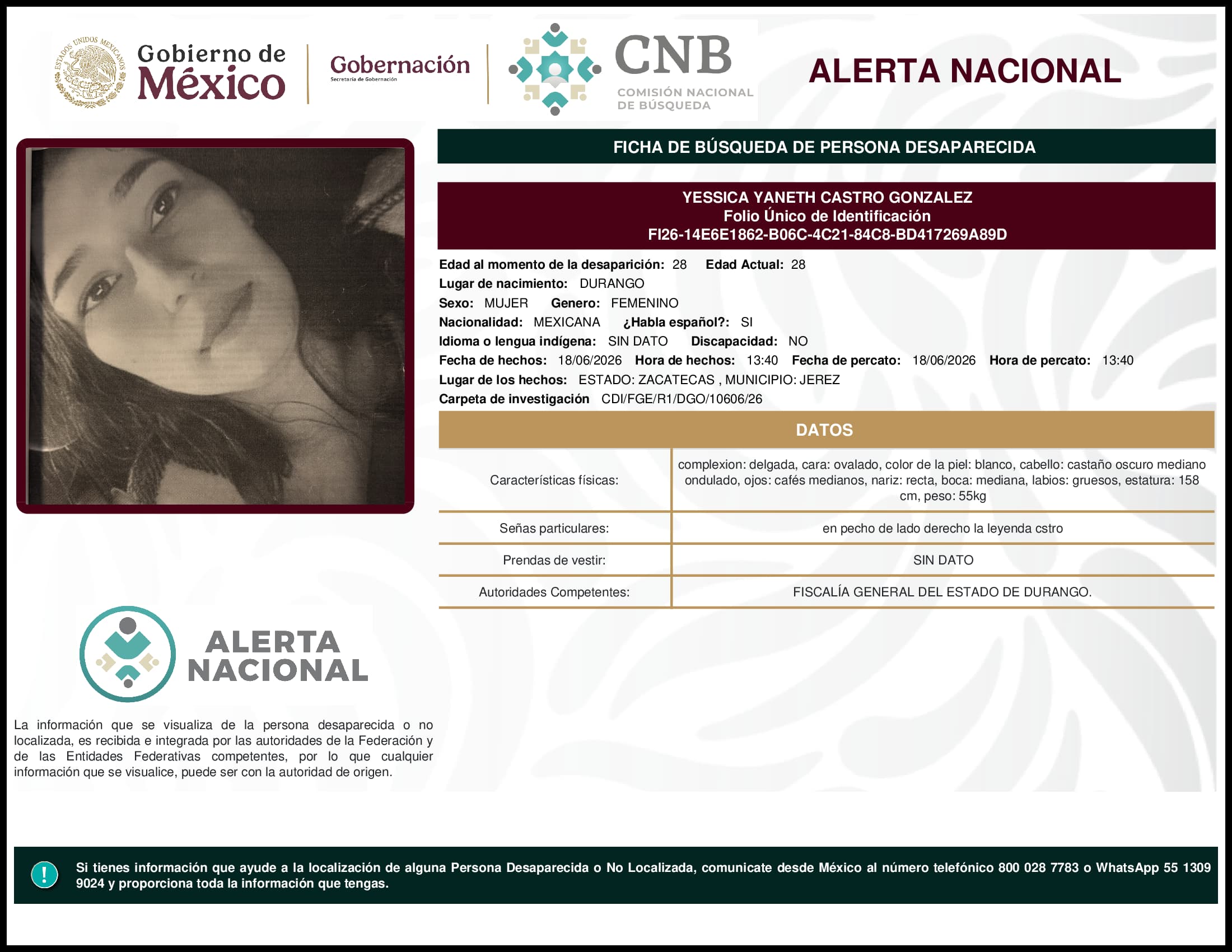 Persona desaparecida Yessica  Yaneth  Castro  Gonzalez