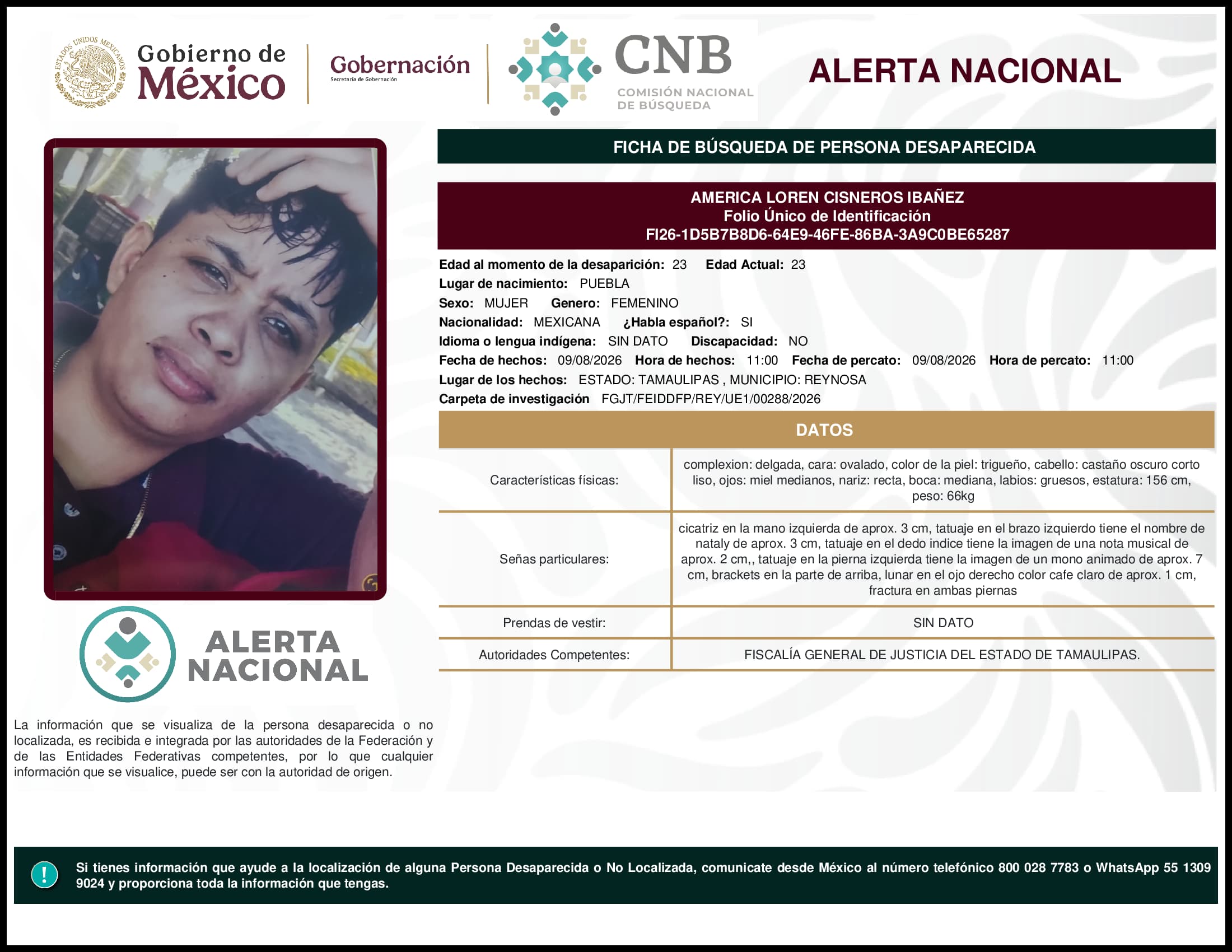 Persona desaparecida America Loren Cisneros Ibanez