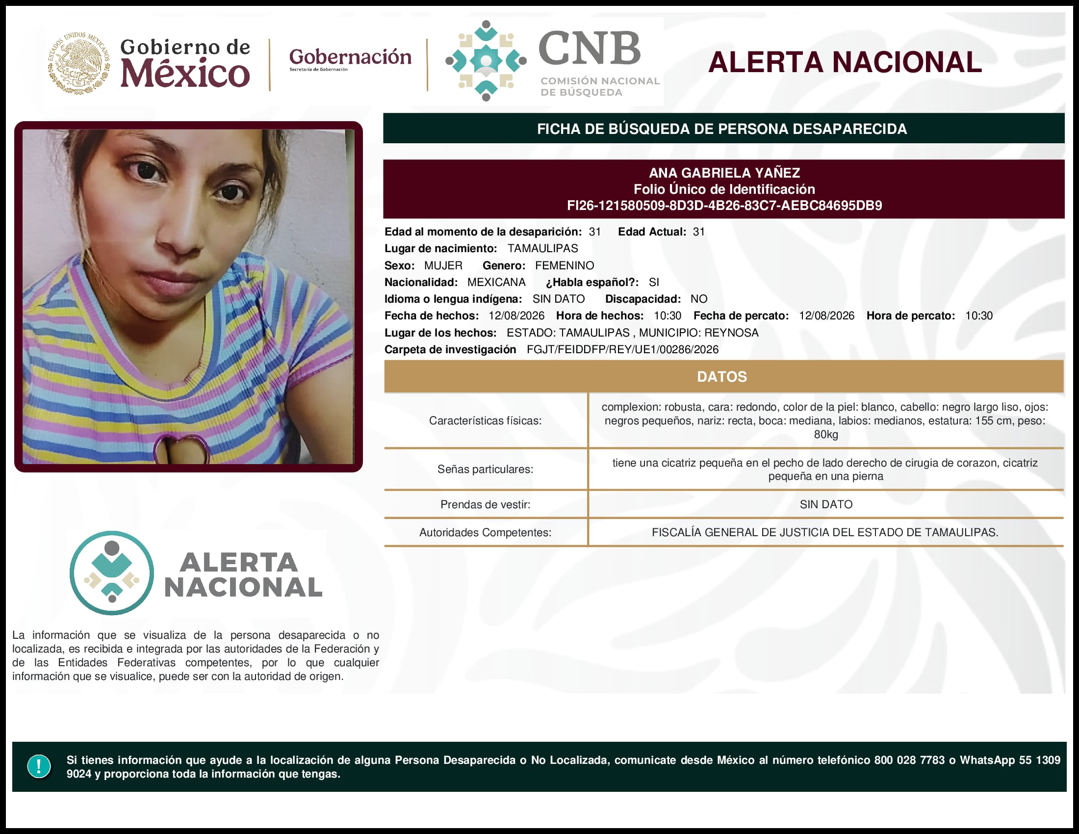 Persona desaparecida Ana Gabriela Yanez