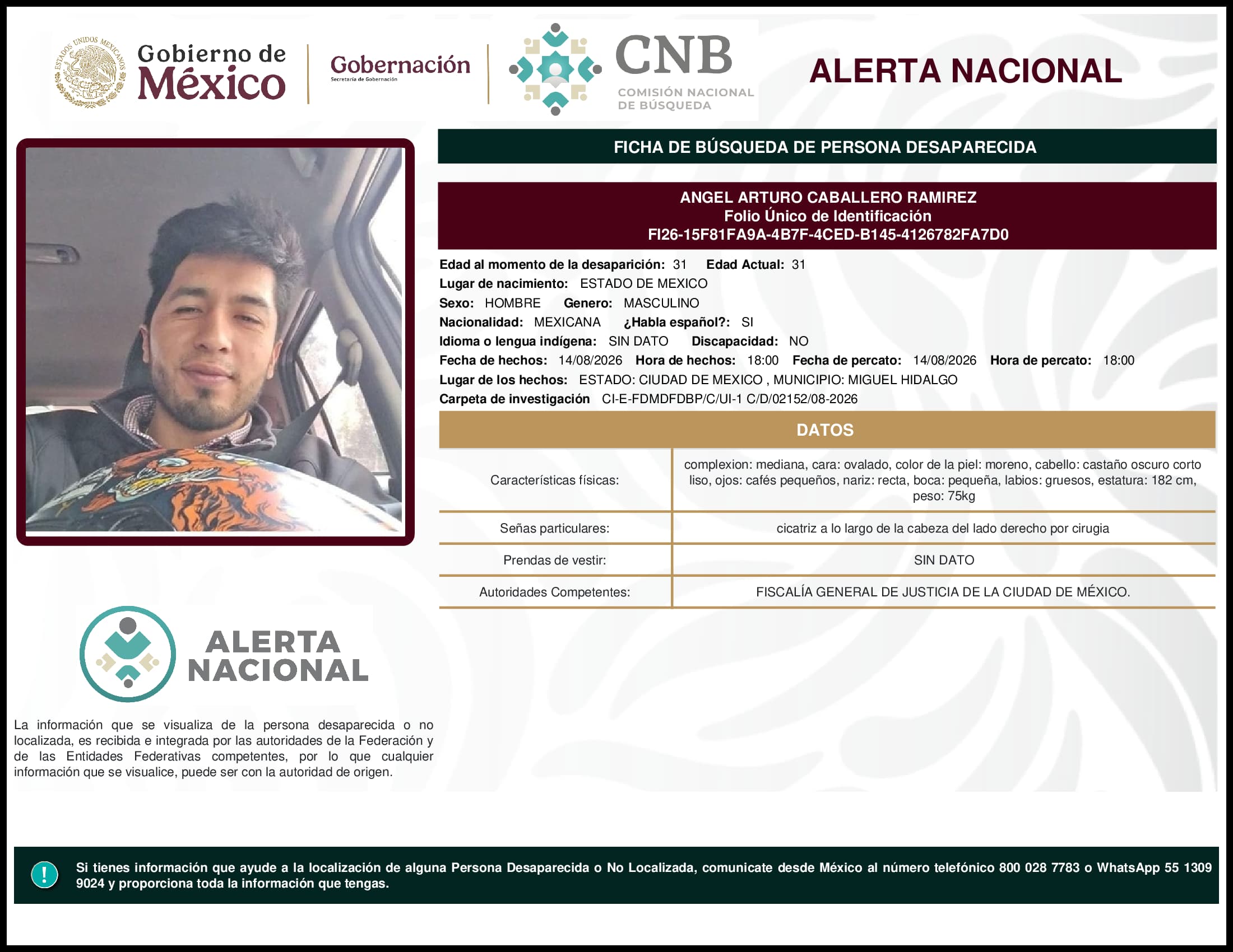 Persona desaparecida Angel Arturo Caballero Ramirez