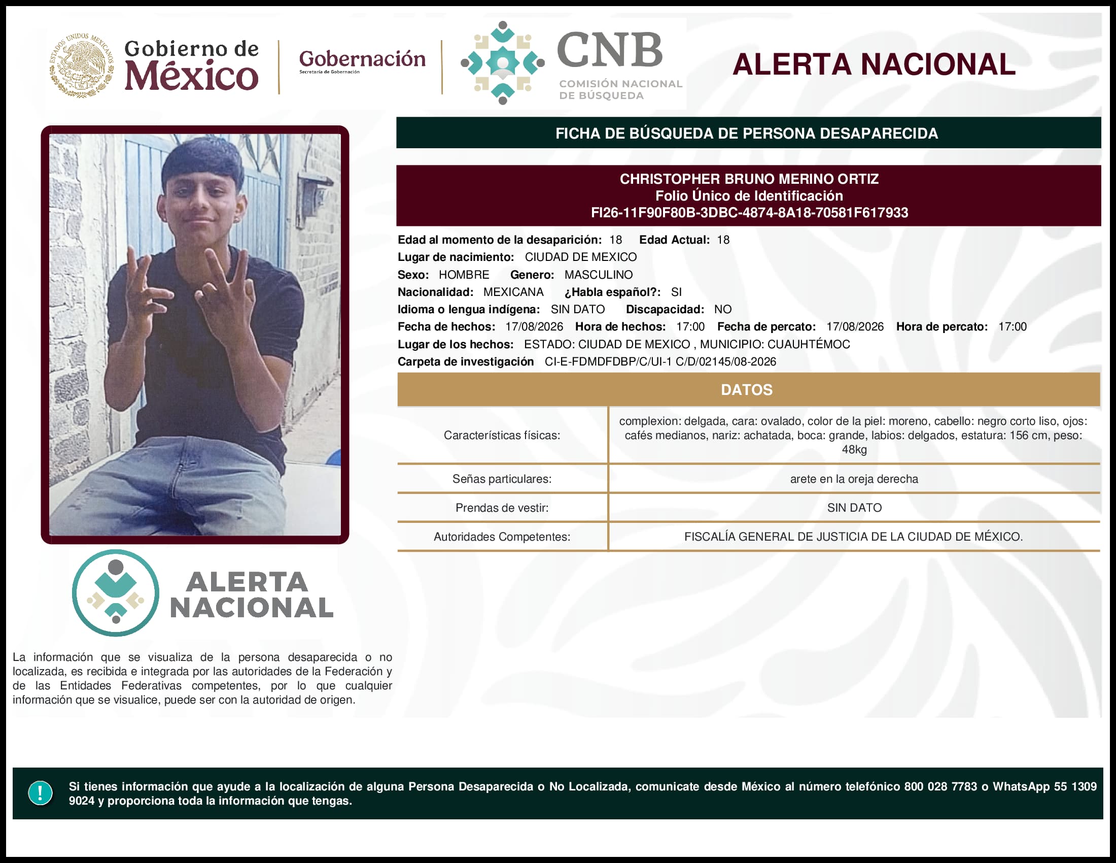 Persona desaparecida Christopher Bruno Merino Ortiz