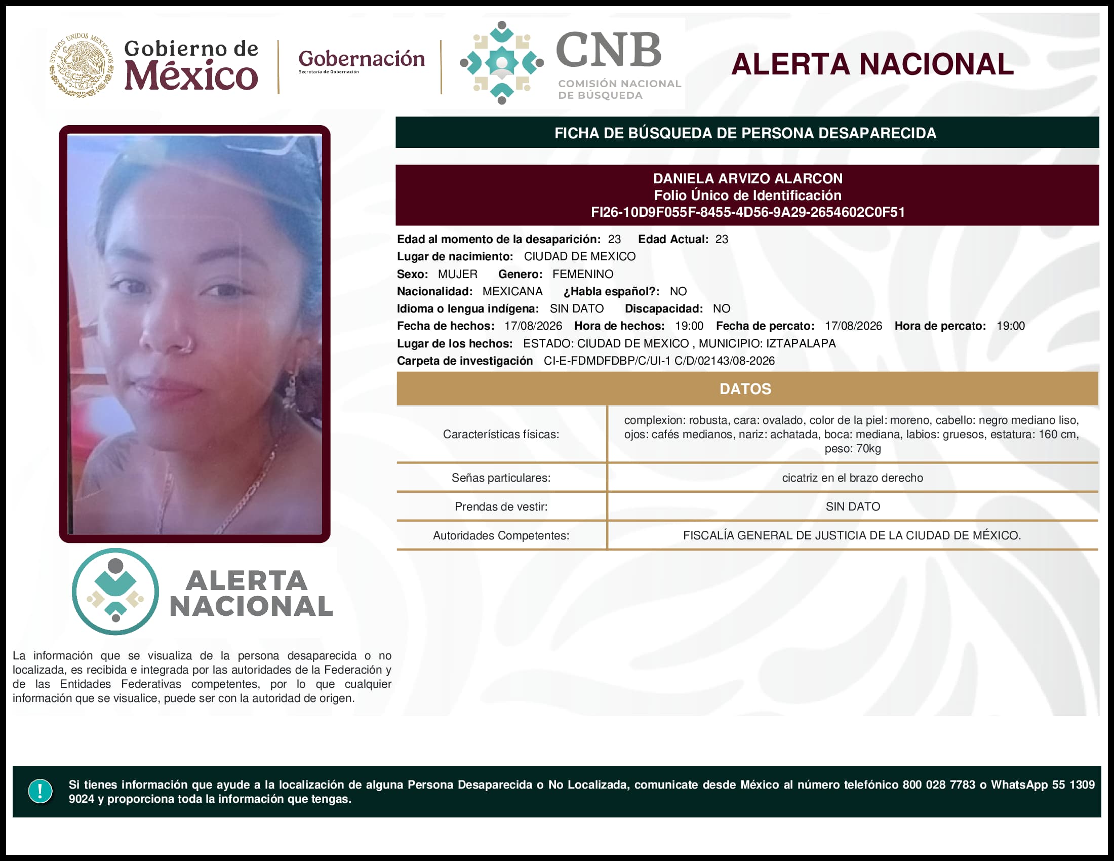 Persona desaparecida Daniela Arvizo Alarcon