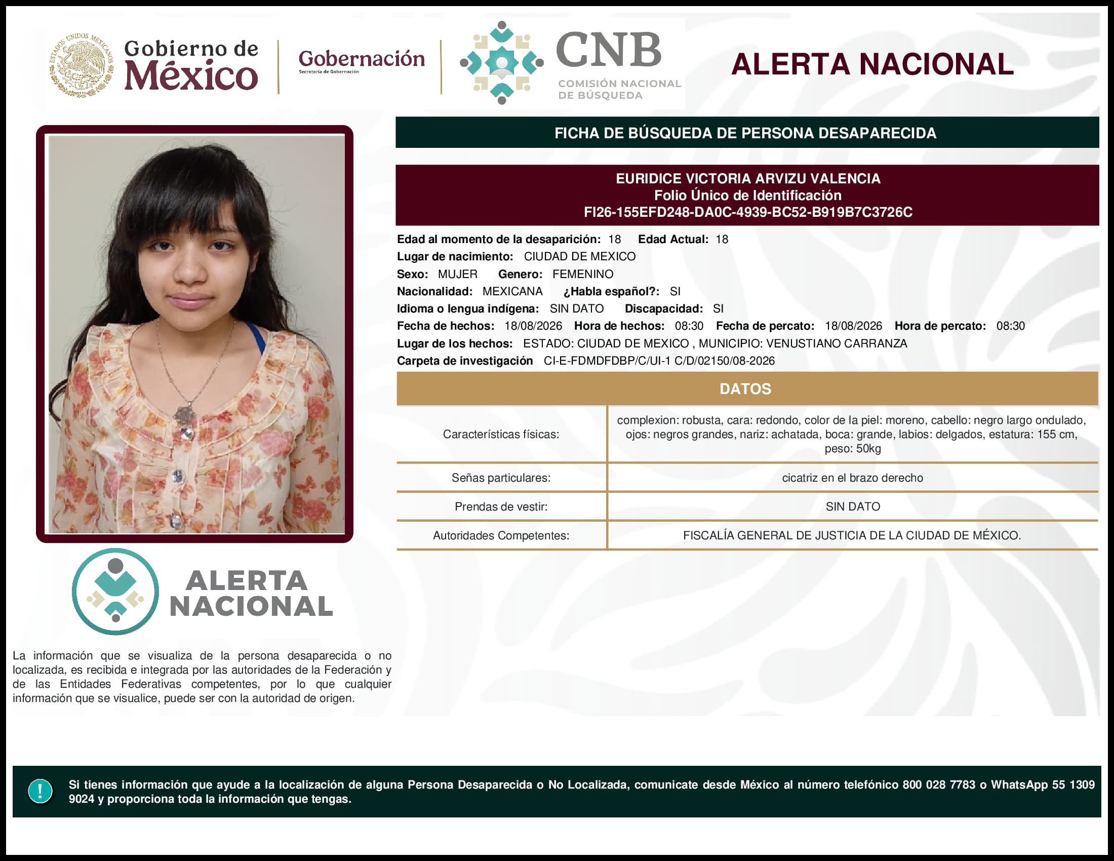 Persona desaparecida Euridice Victoria Arvizu Valencia