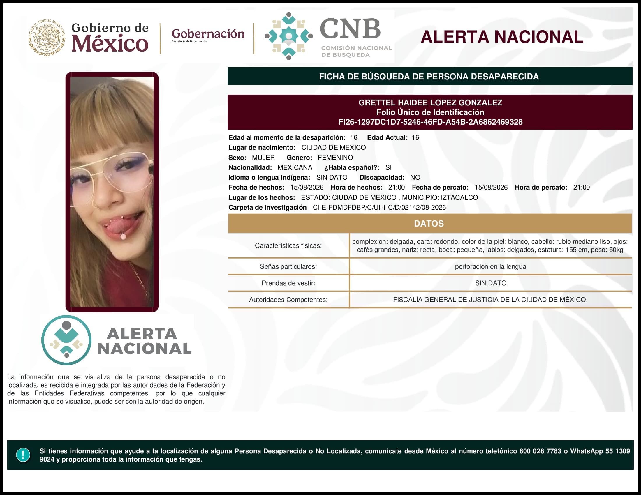 Persona desaparecida Grettel Haidee Lopez Gonzalez