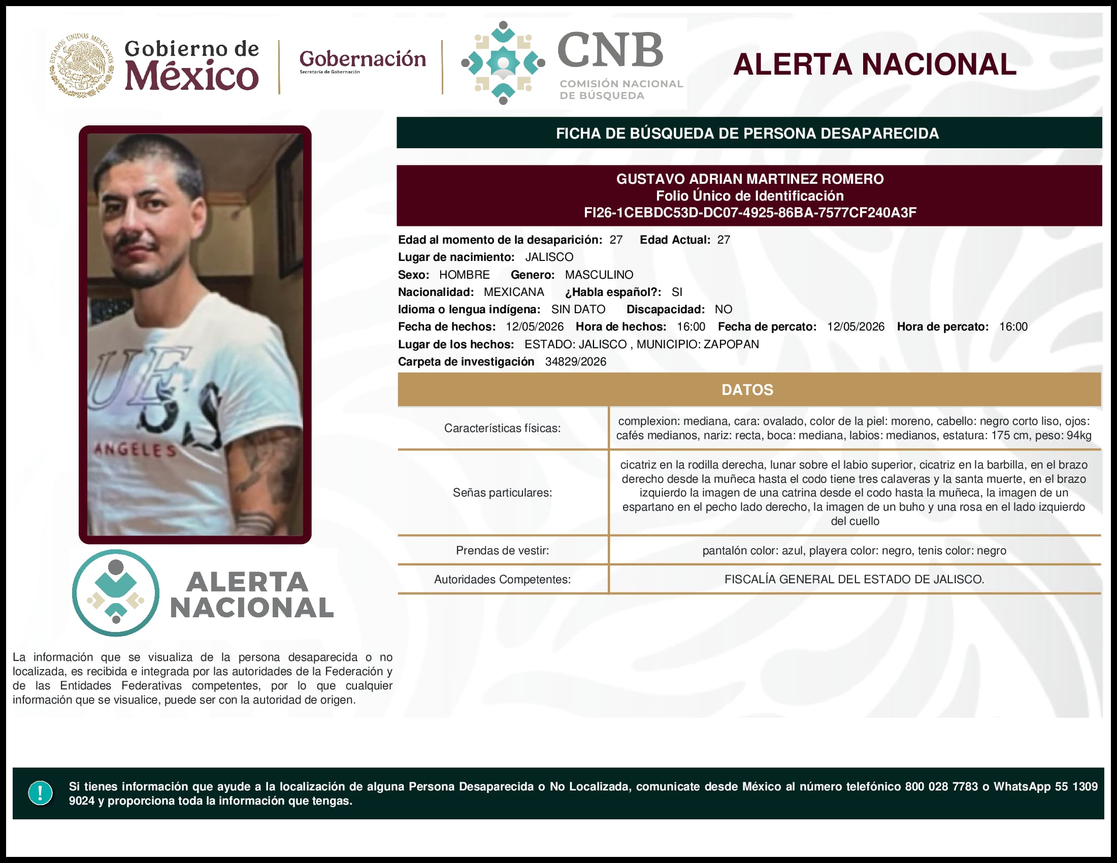 Persona desaparecida Gustavo Adrian Martinez Romero