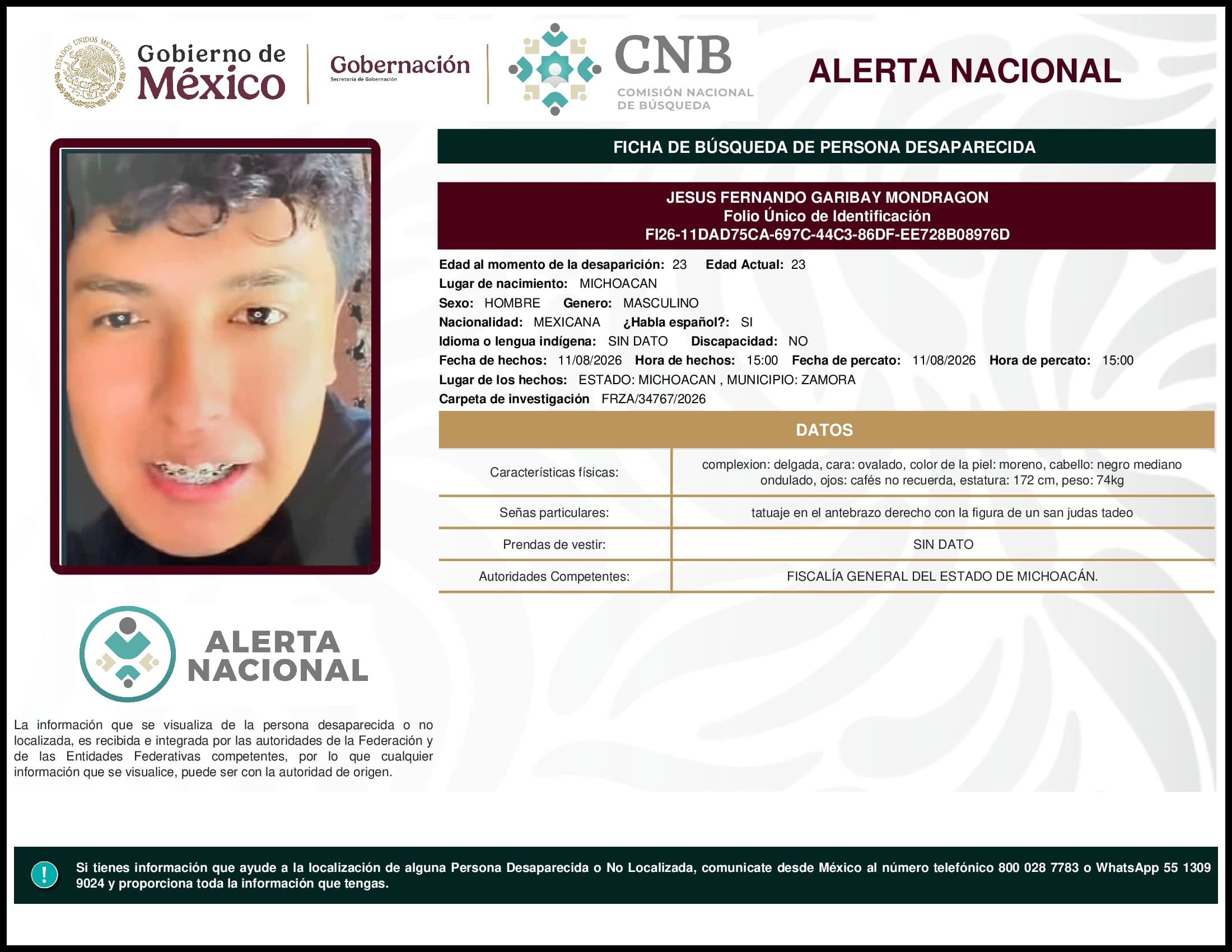 Persona desaparecida Jesus Fernando Garibay Mondragon