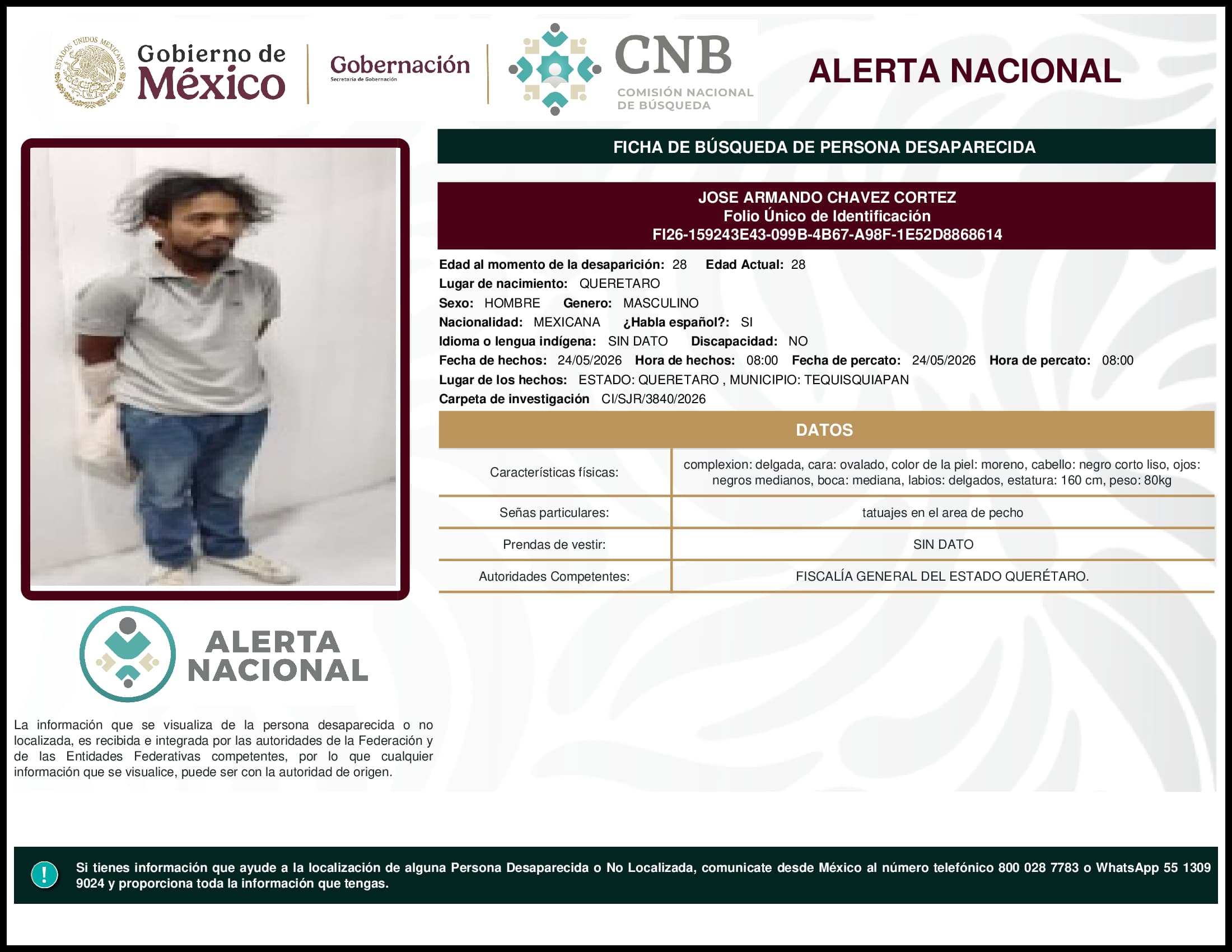 Persona desaparecida Jose Armando Chavez Cortez