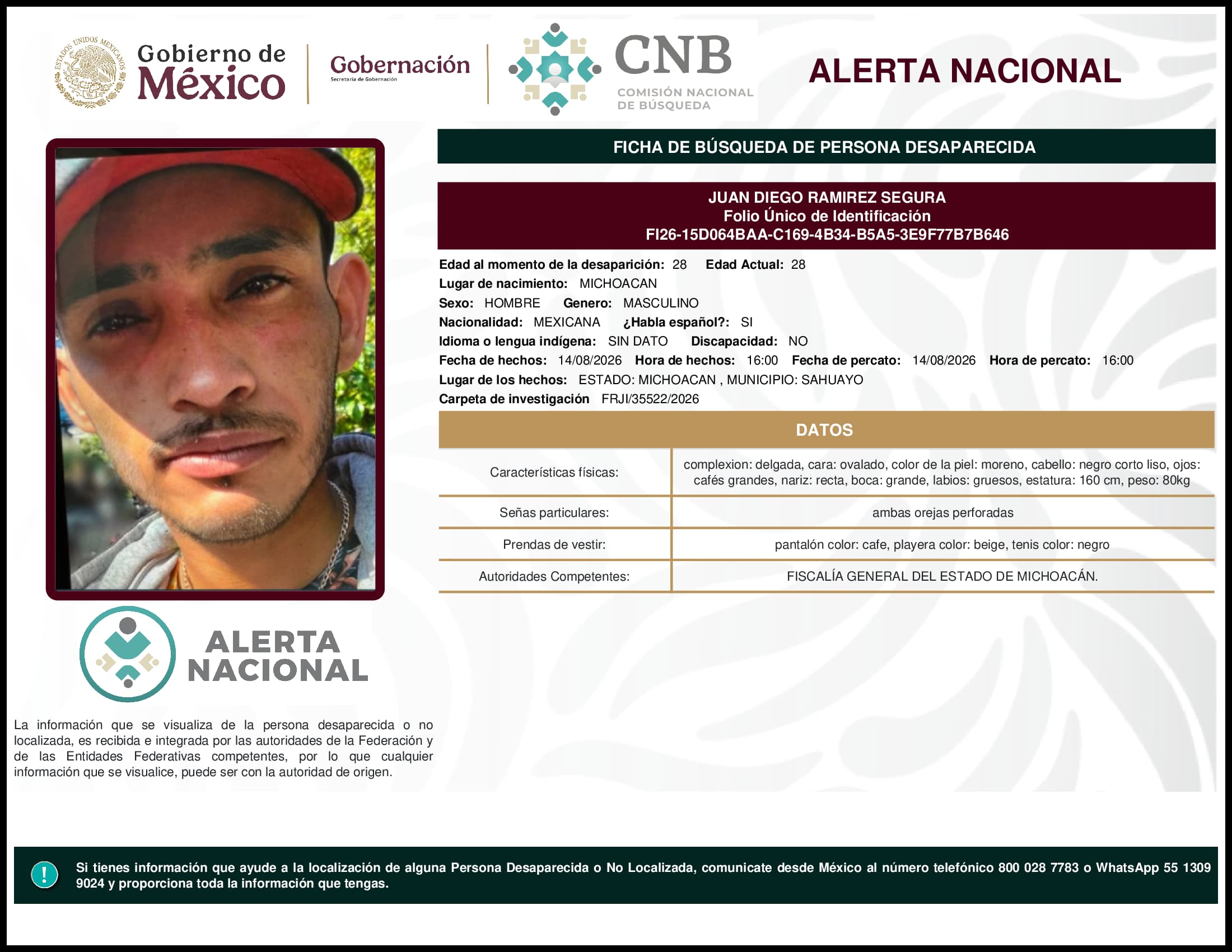 Persona desaparecida Juan Diego Ramirez Segura