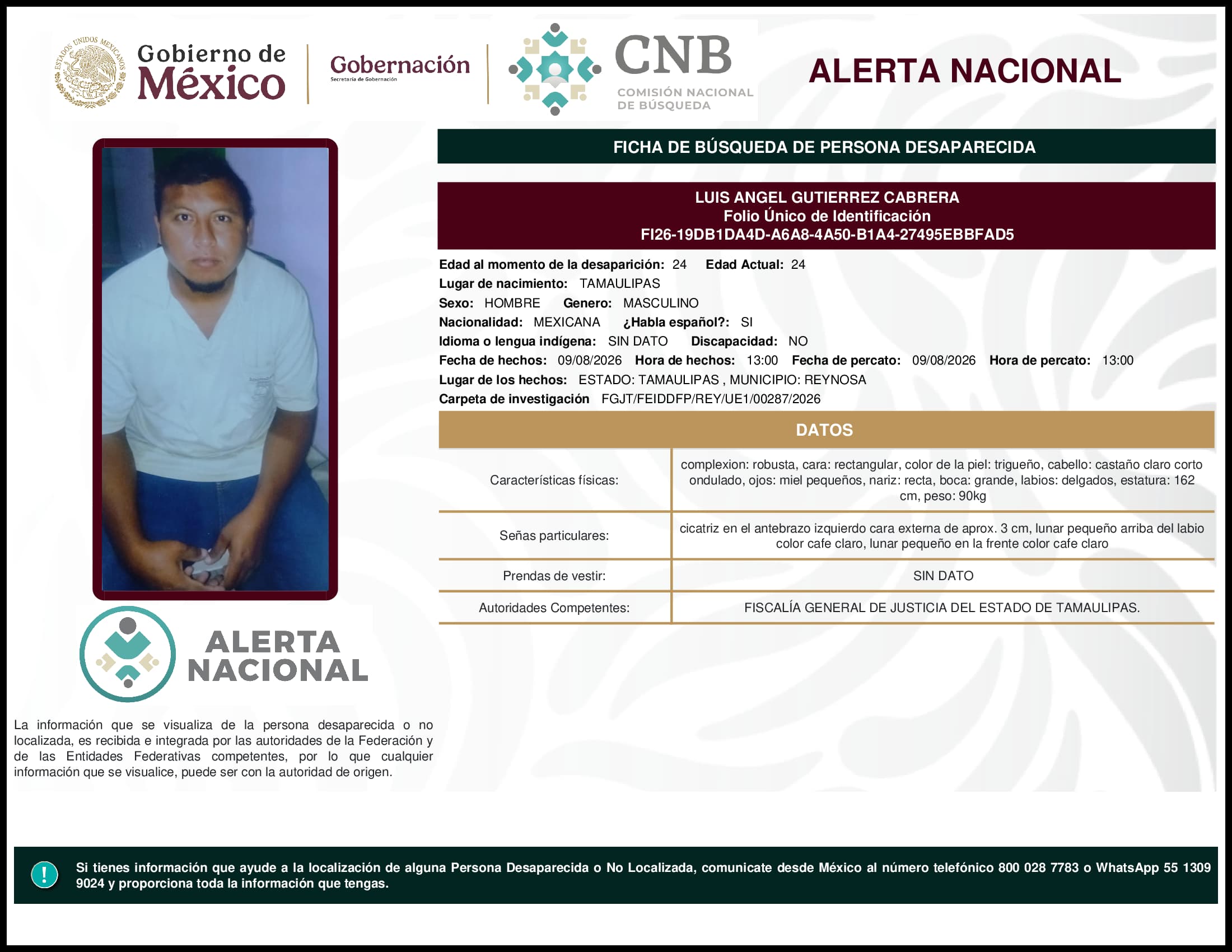 Persona desaparecida Luis Angel Gutierrez Cabrera