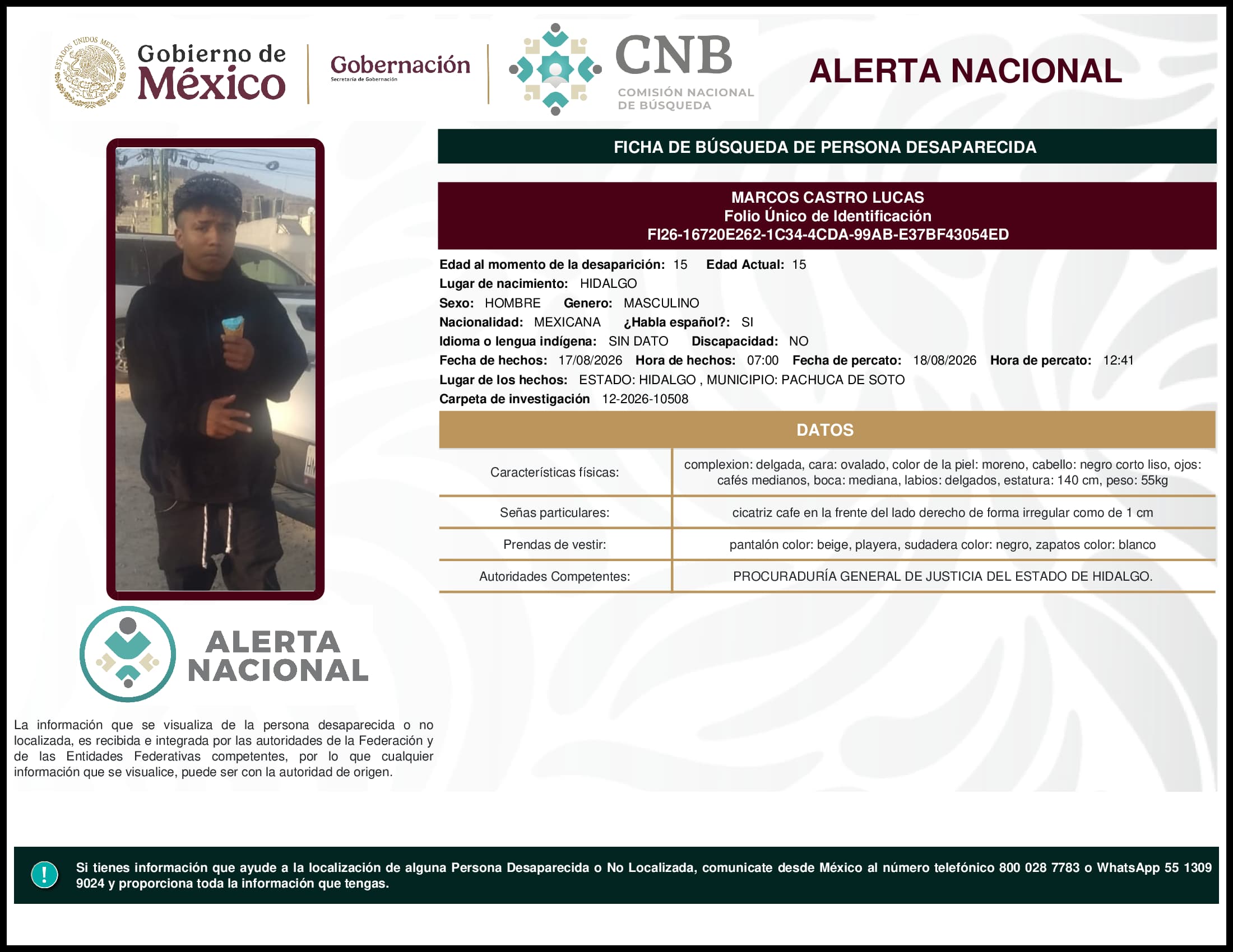 Persona desaparecida Marcos Castro Lucas