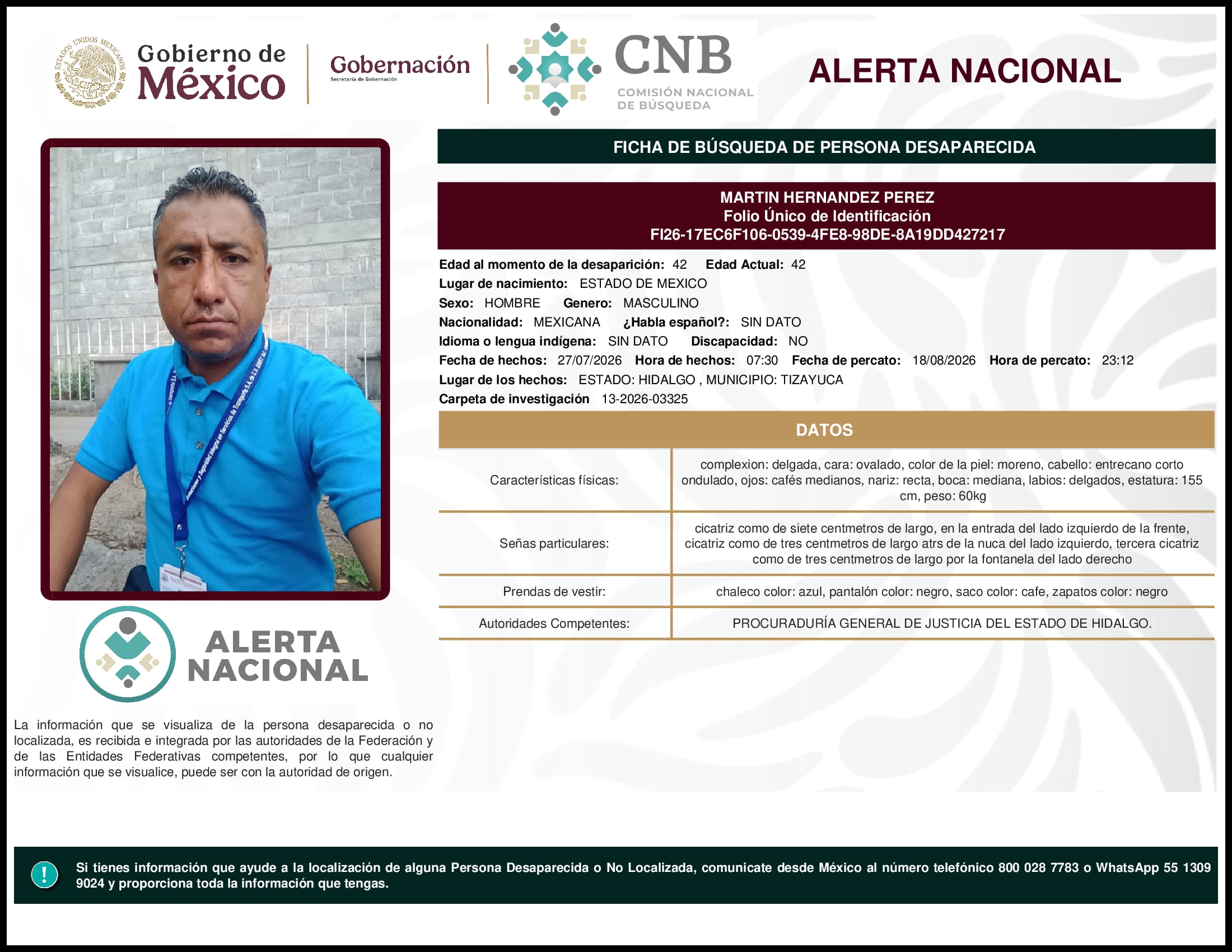 Persona desaparecida Martin Hernandez Perez