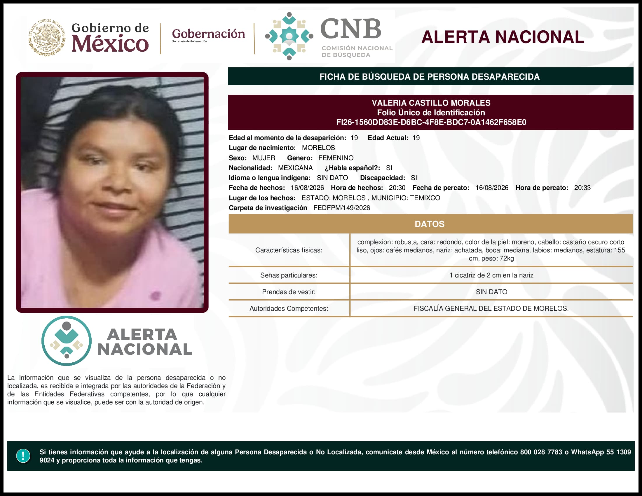 Persona desaparecida Valeria Castillo Morales
