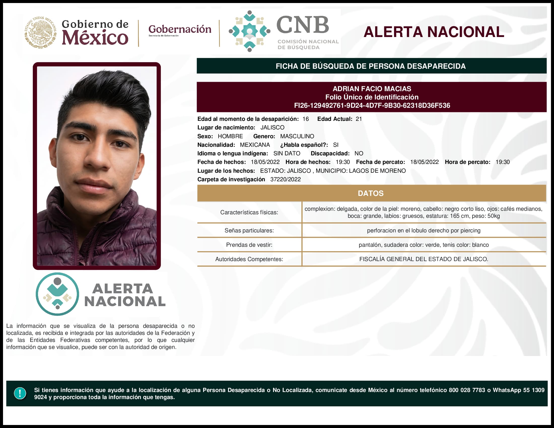 Persona desaparecida Adrian Facio Macias