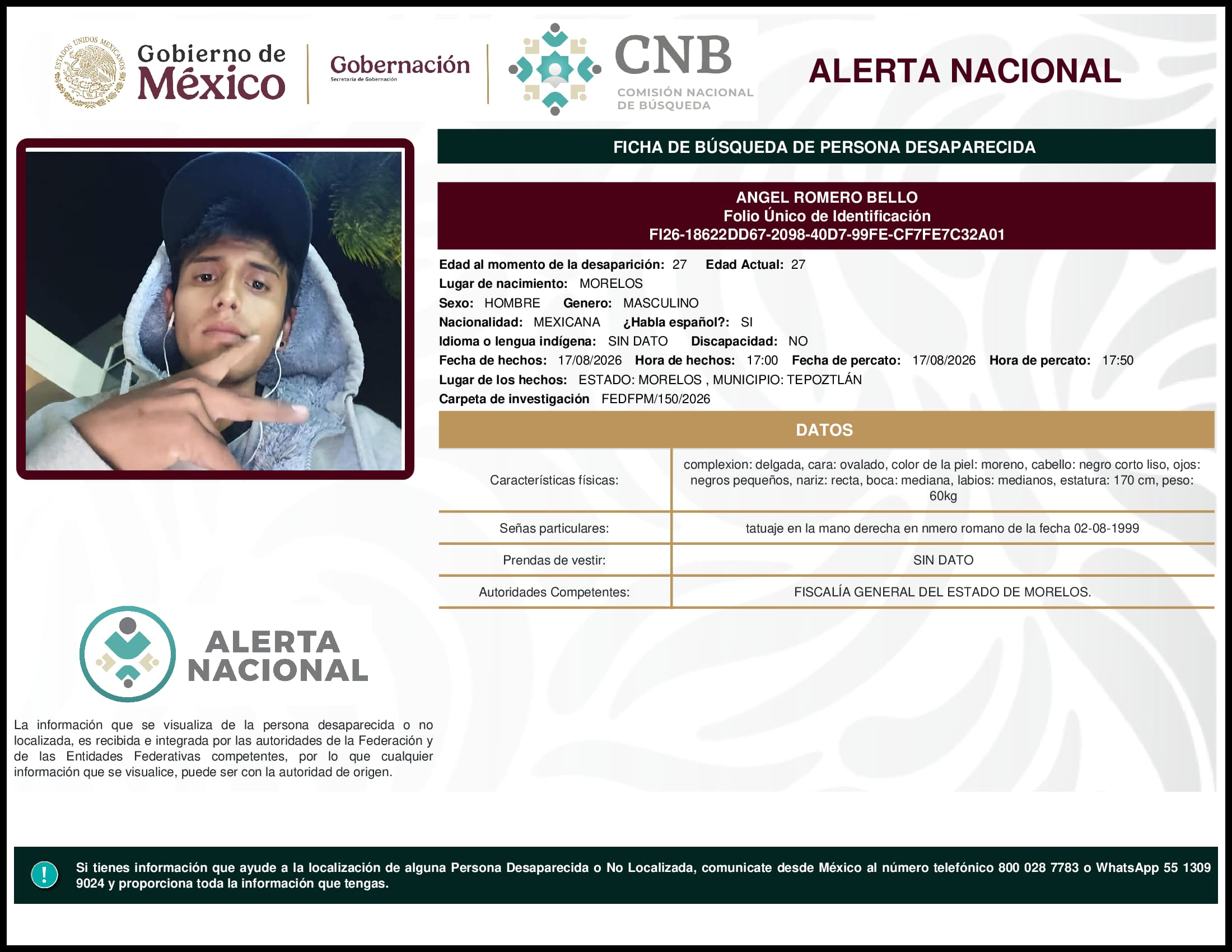 Persona desaparecida Angel Romero Bello