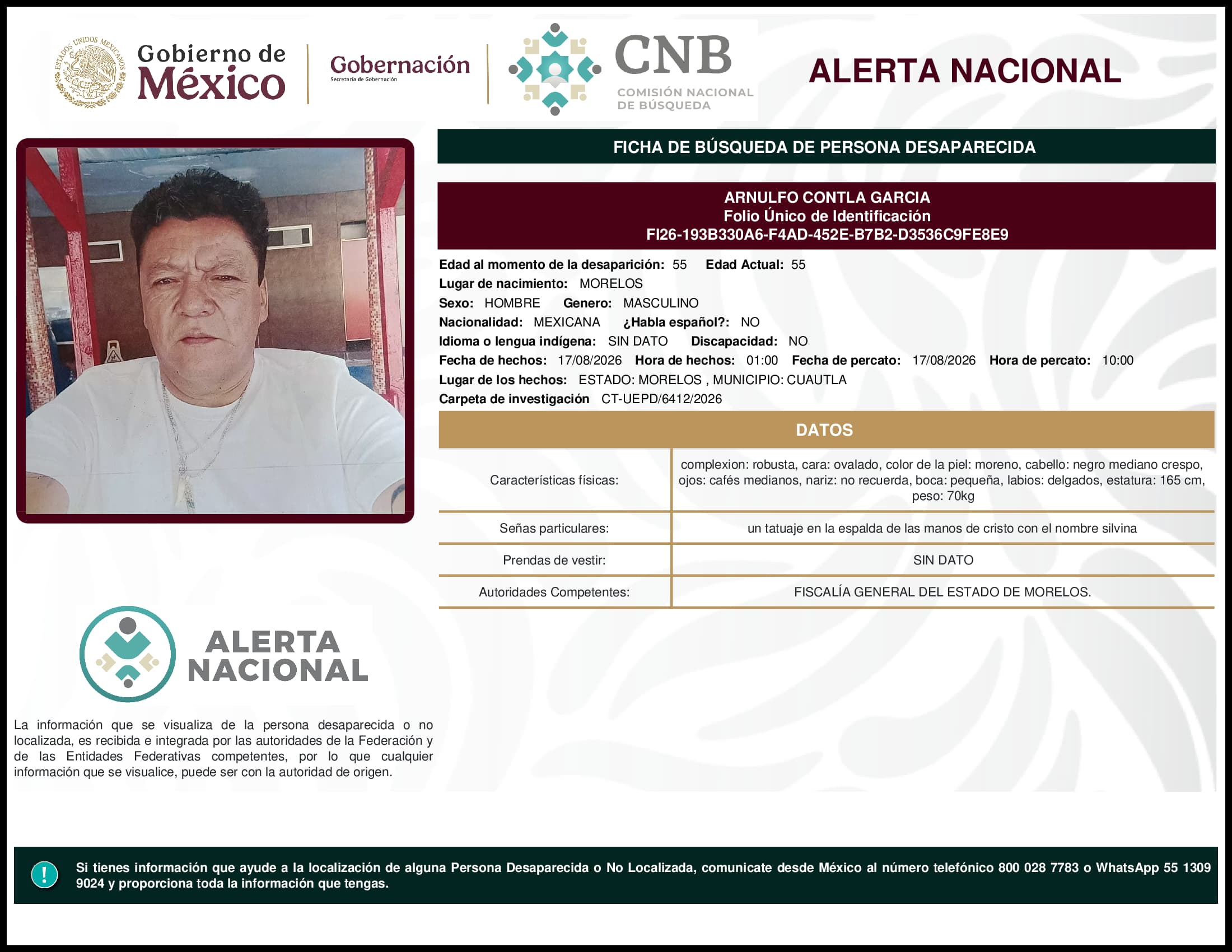 Persona desaparecida Arnulfo Contla Garcia