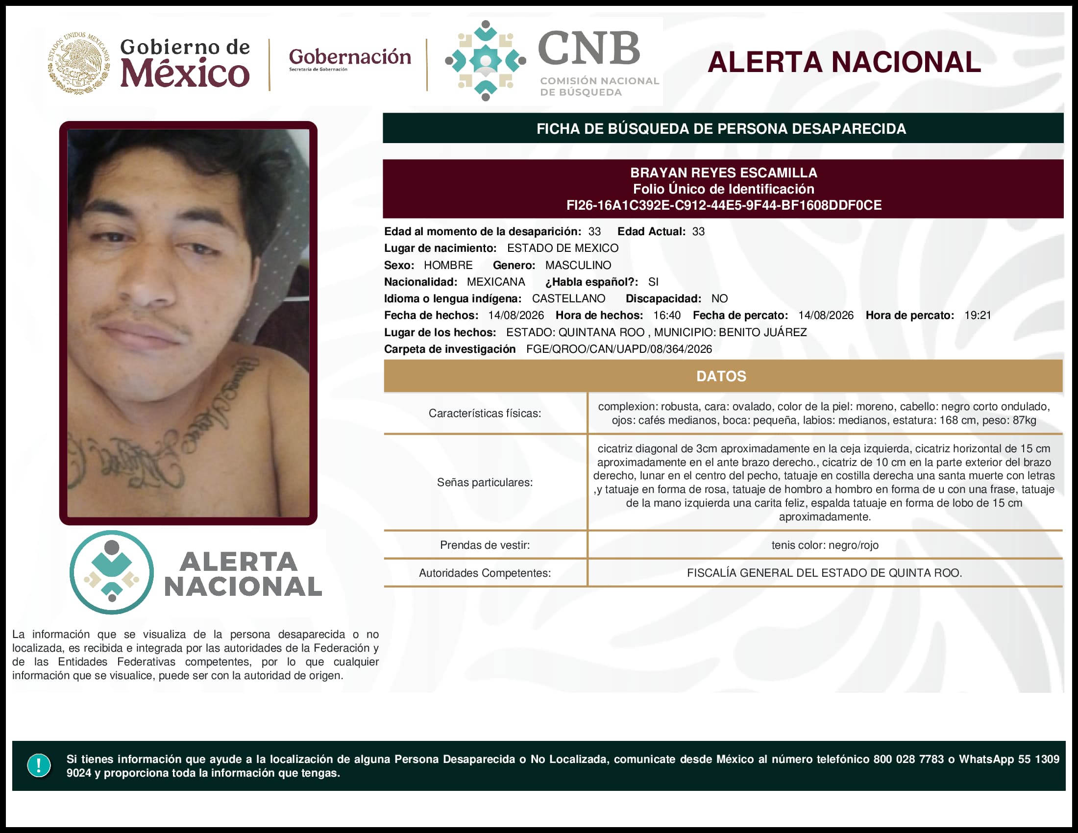 Persona desaparecida Brayan Reyes Escamilla
