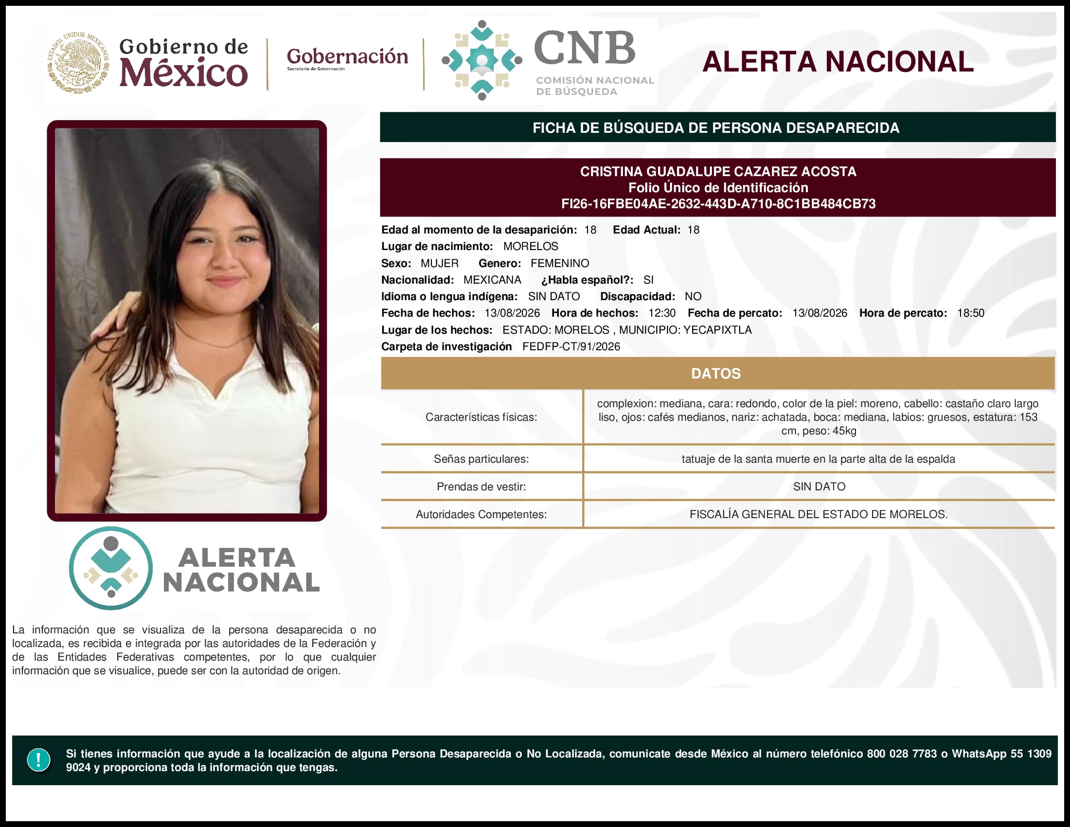 Persona desaparecida Cristina Guadalupe Cazarez Acosta