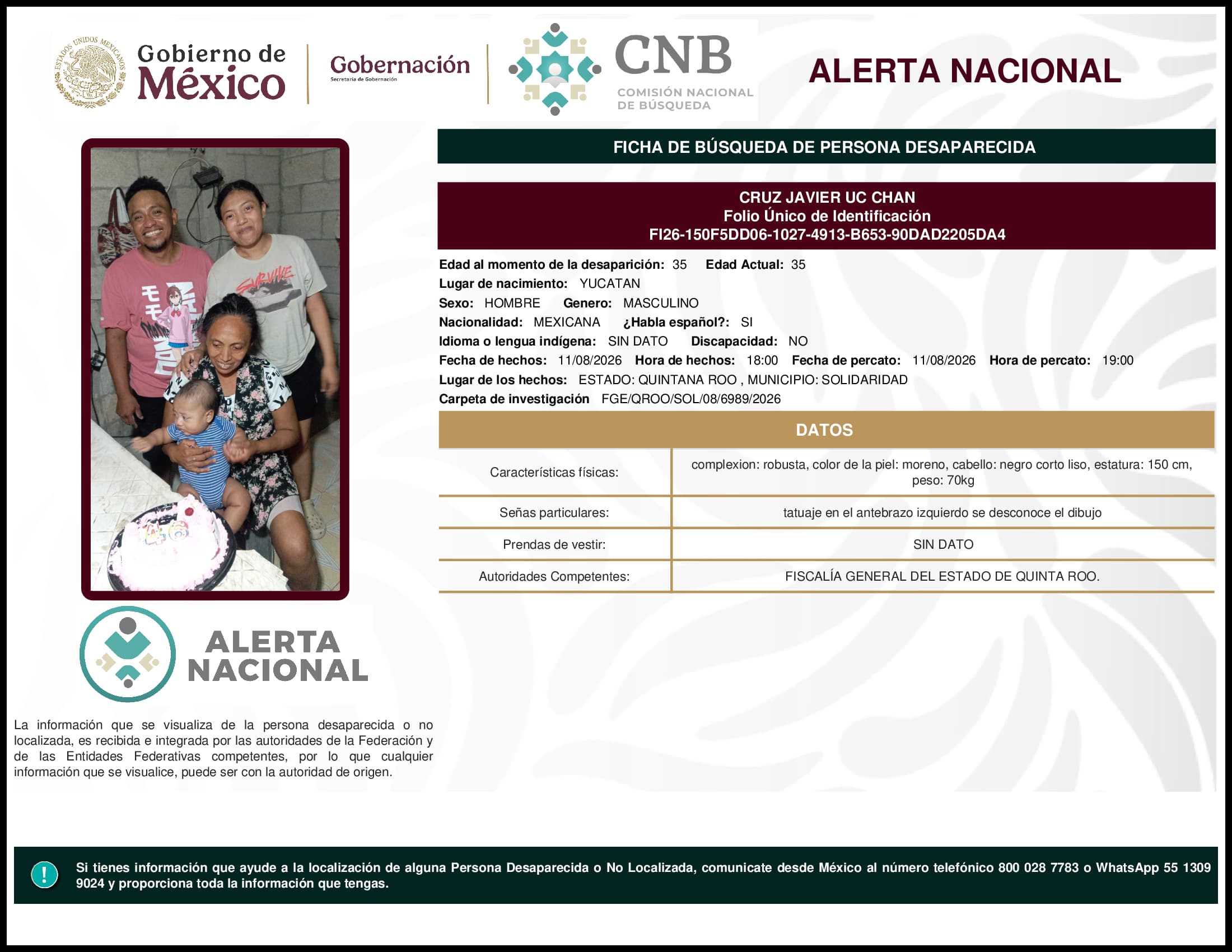 Persona desaparecida Cruz Javier Uc Chan