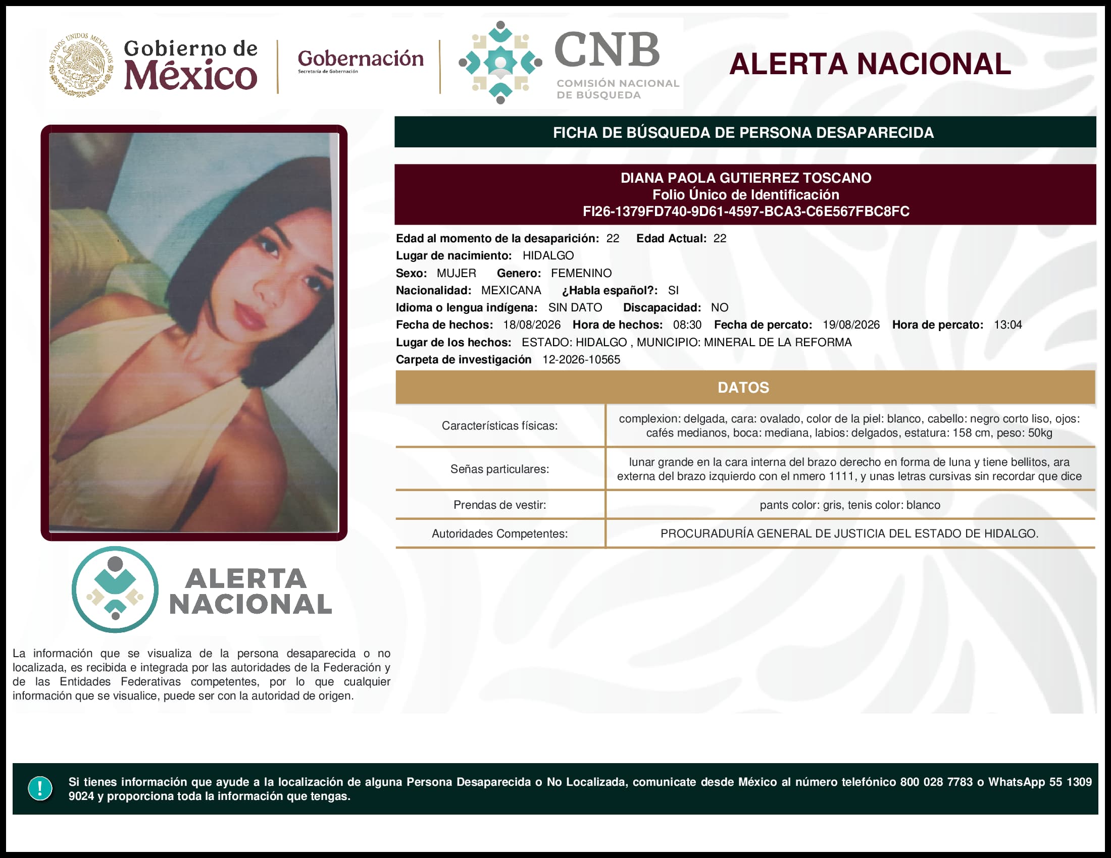 Persona desaparecida Diana Paola Gutierrez Toscano