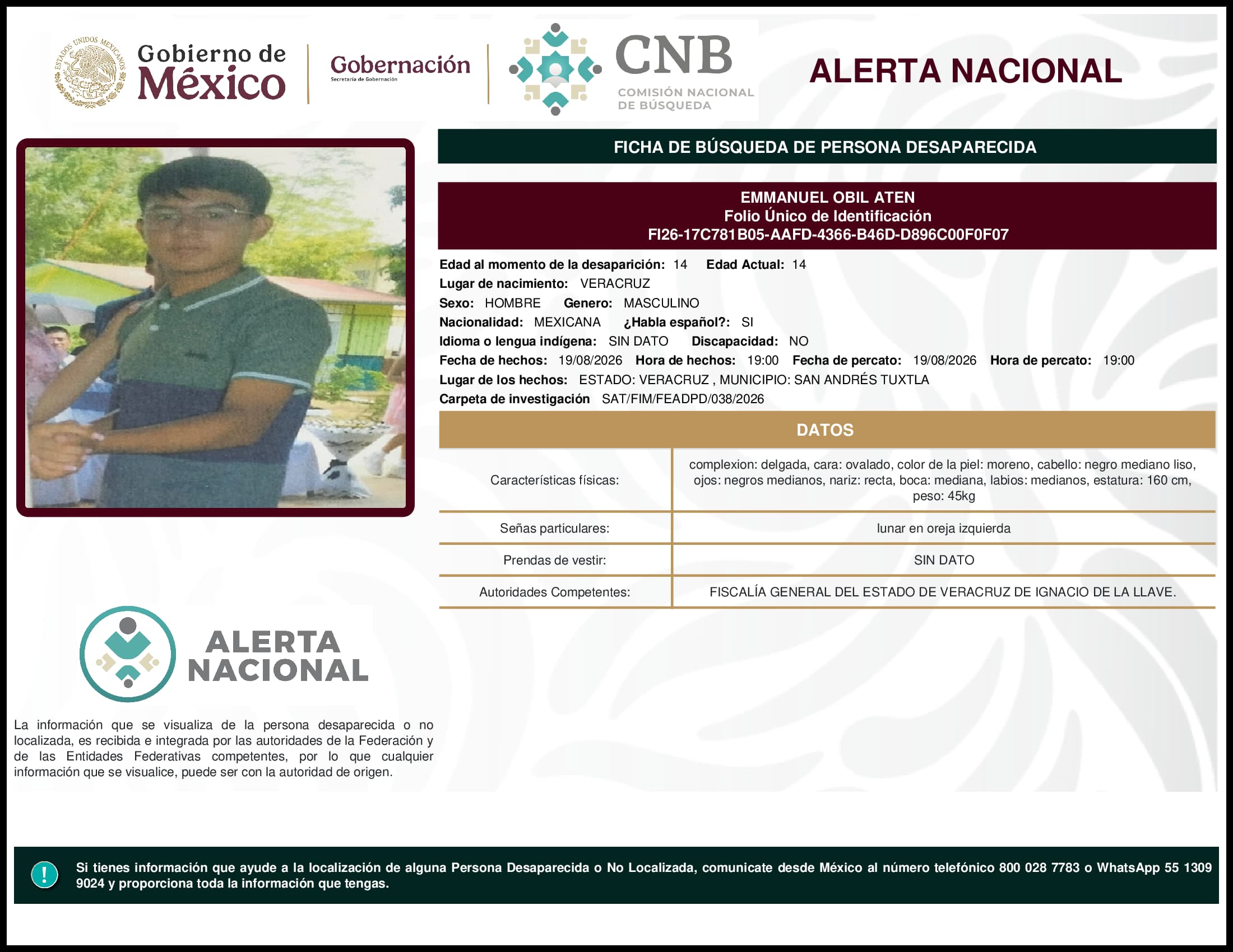 Persona desaparecida Emmanuel Obil Aten