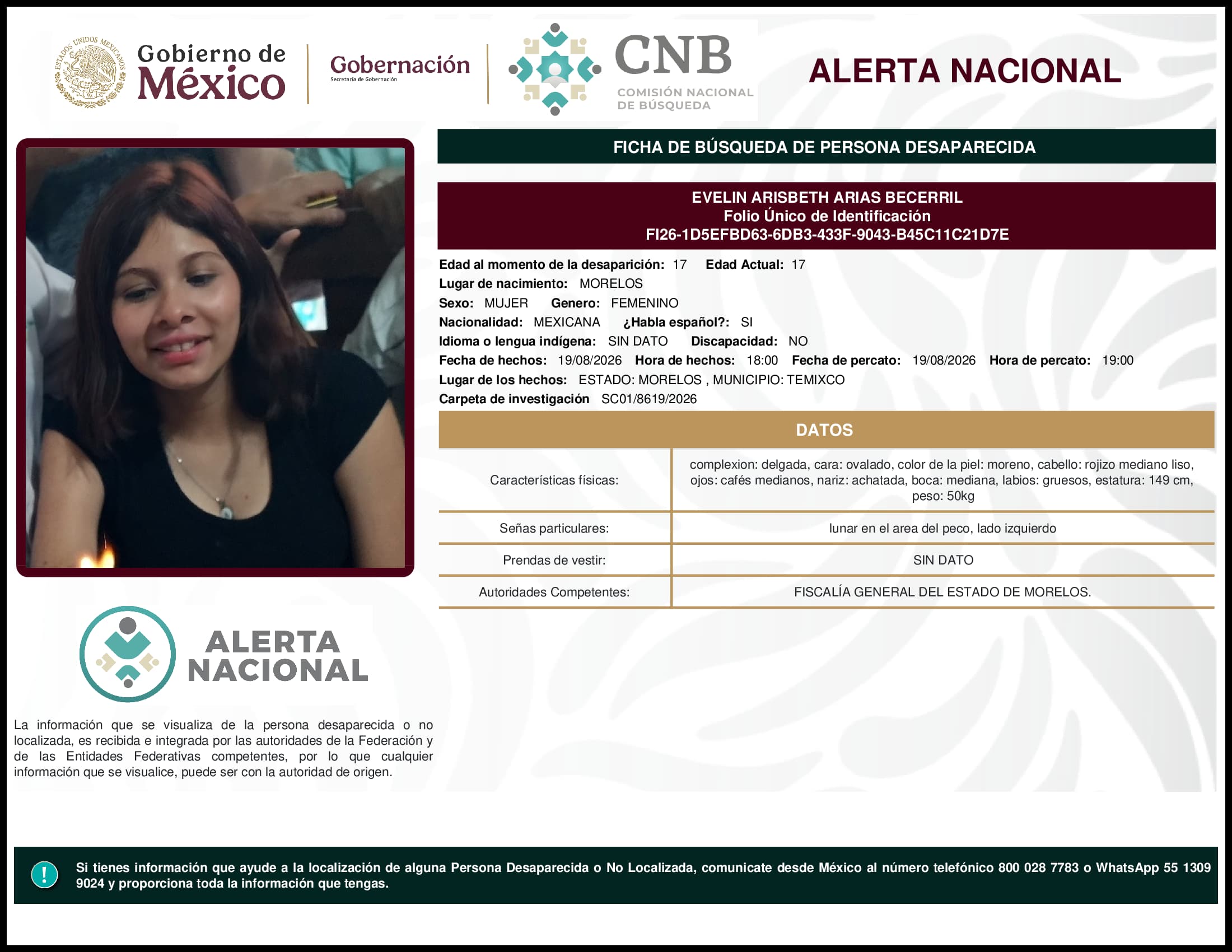 Persona desaparecida Evelin Arisbeth Arias Becerril