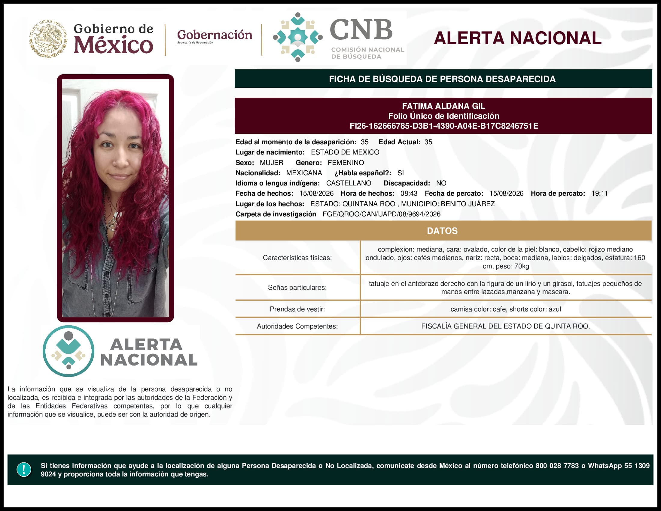Persona desaparecida Fatima Aldana Gil