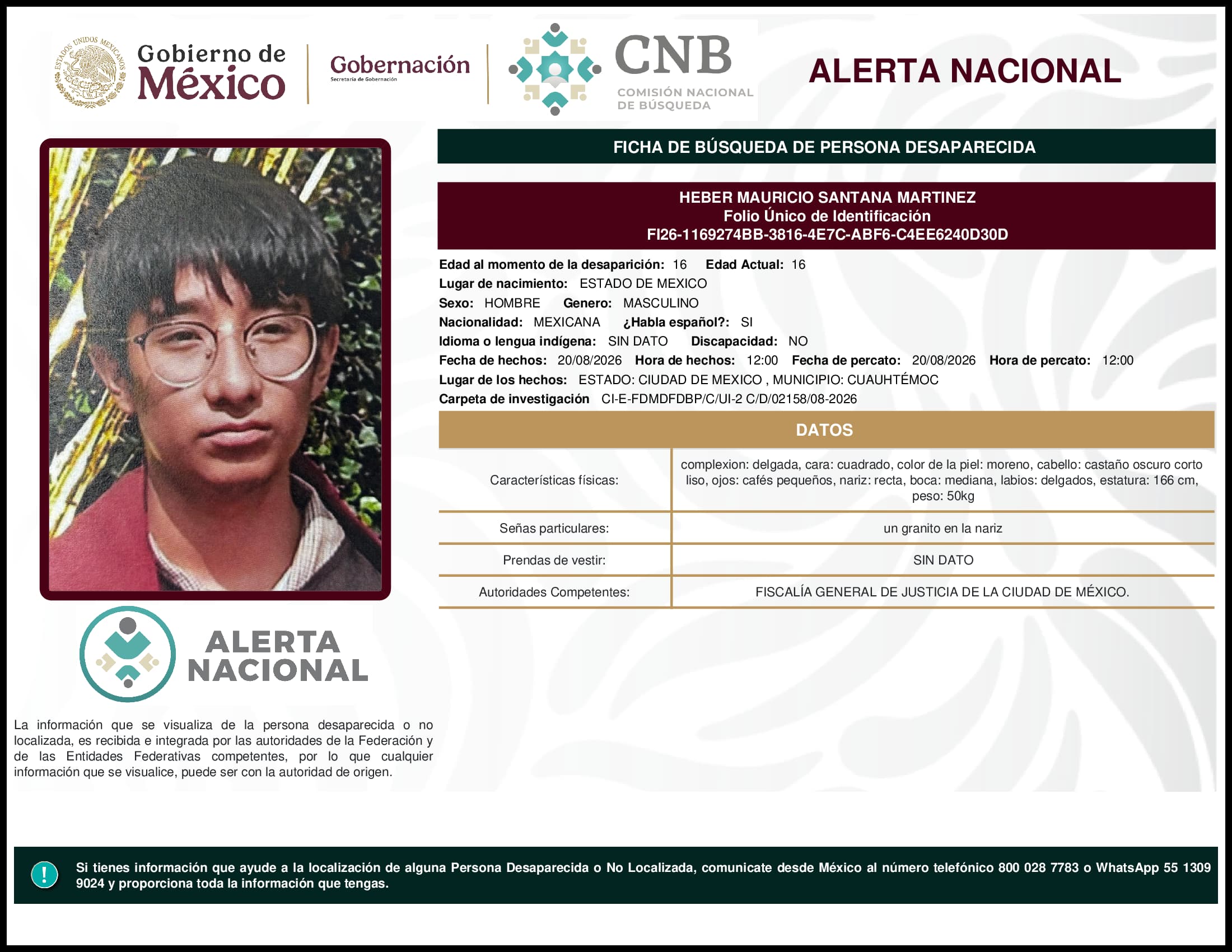 Persona desaparecida Heber Mauricio Santana Martinez