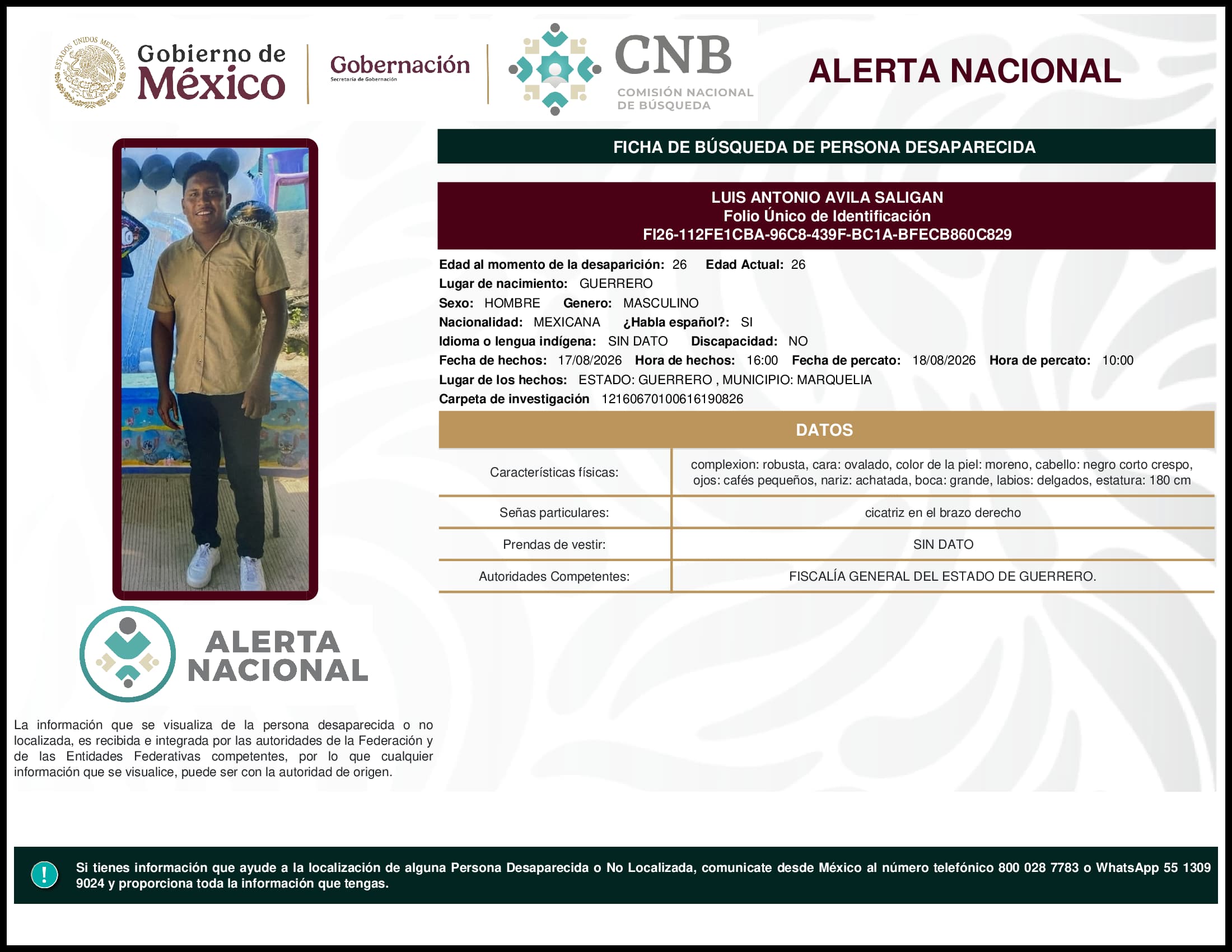Persona desaparecida Luis Antonio Avila Saligan